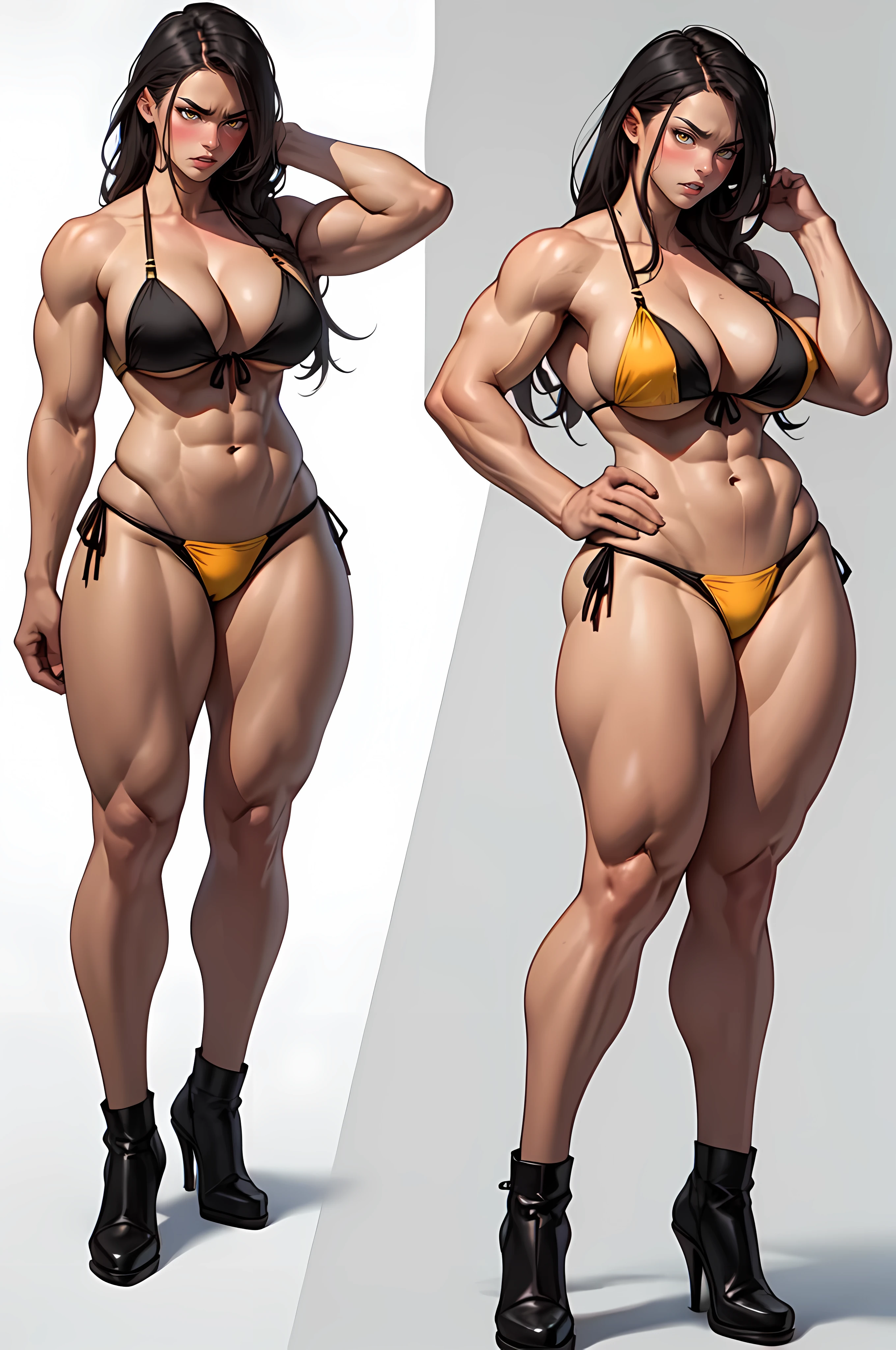 (girl huge breasts bodybuilder muscular toned body) pale skin black hair very long hair yellow eyes angry blushing embarrassed ((string bikini)) curvy wide hips thick thighs ((grey background full body))