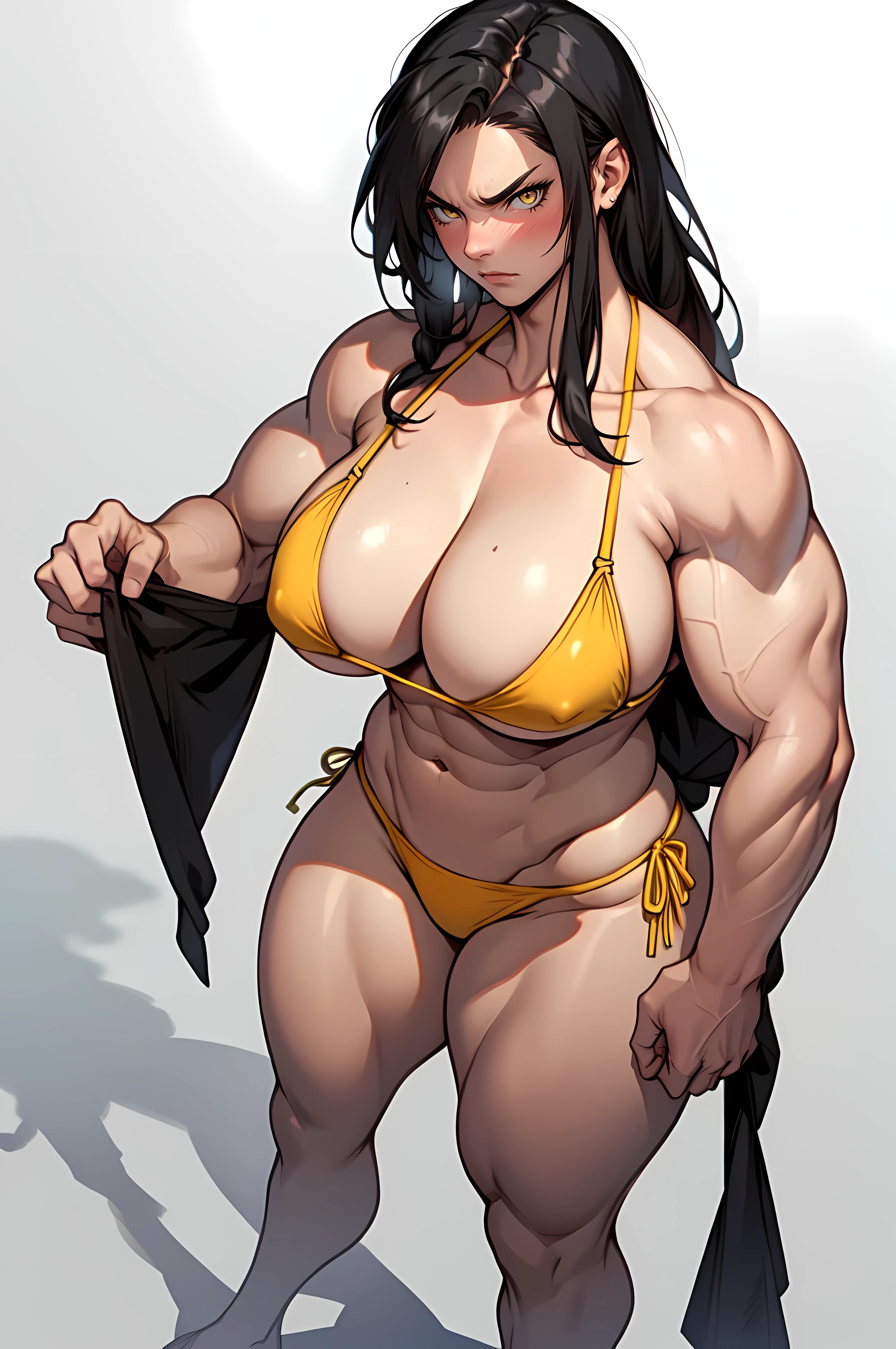 (girl huge breasts bodybuilder muscular toned body) pale skin black hair very long hair yellow eyes angry blushing embarrassed ((string bikini)) curvy wide hips thick thighs ((grey background full body))