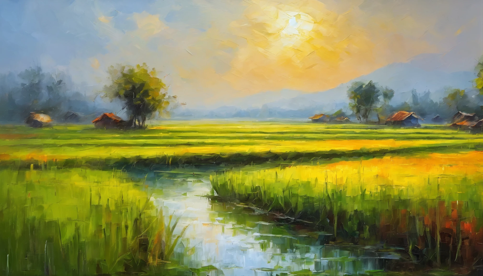 rice paddy, 4k wallpaper, highly detailed and intricate, impressionism, oil painting