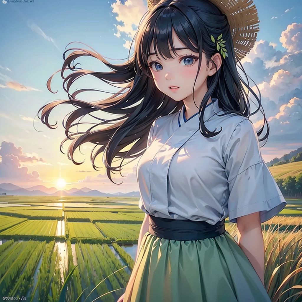 rice paddy/paddy(masterpiece, best quality, Super detailed, lifelike),光暈渲染在一望無際paddy.夕陽西下照映paddy.Brilliant light and shadow.Close-up of rice ears.plump and low.The wind blows the rice waves.