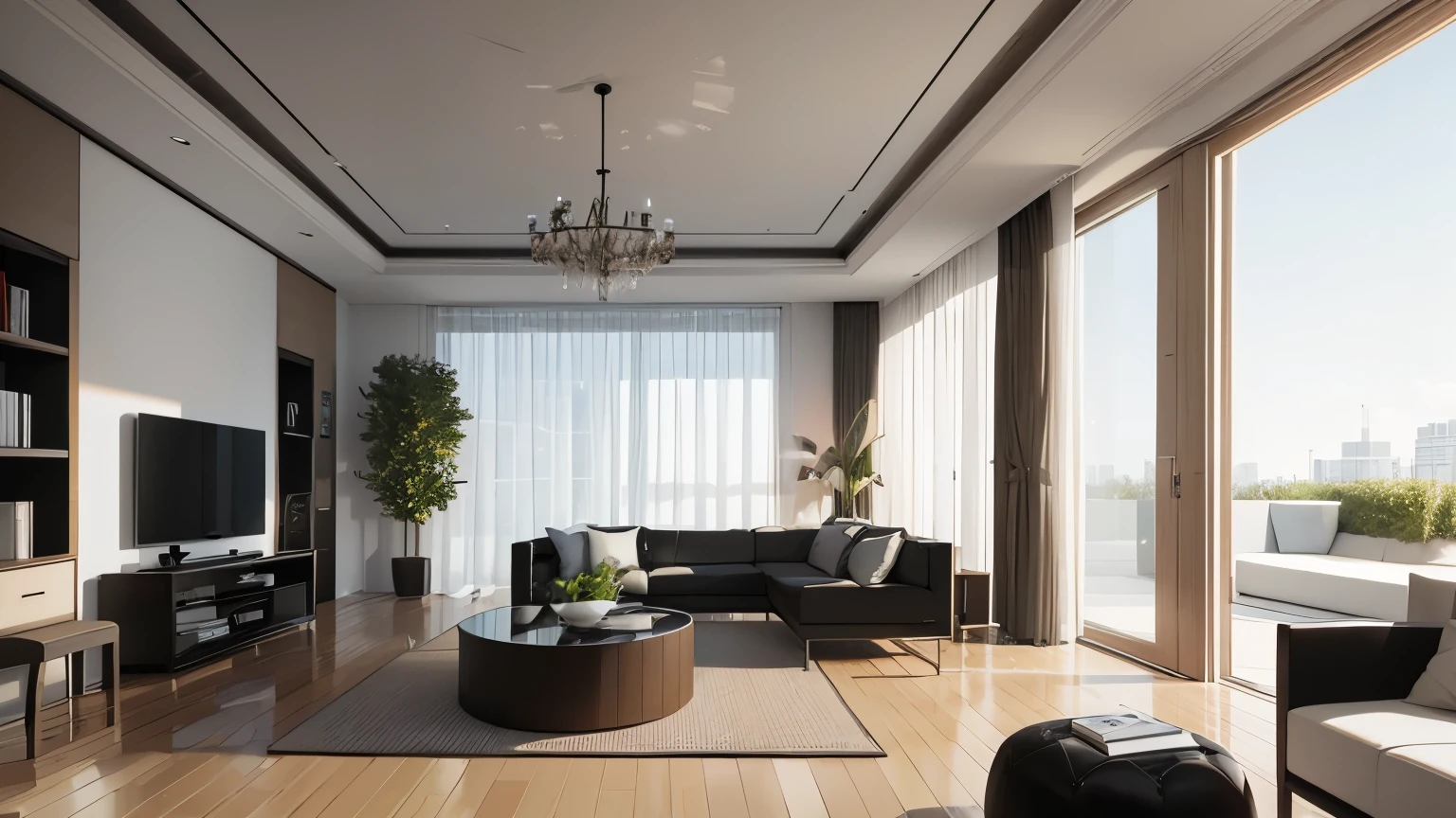 you are a famous interior designer、I was asked to create a 3D image of a large modern room.。. Create a harmonious environment with modern and minimalist furniture. Including garden interior.