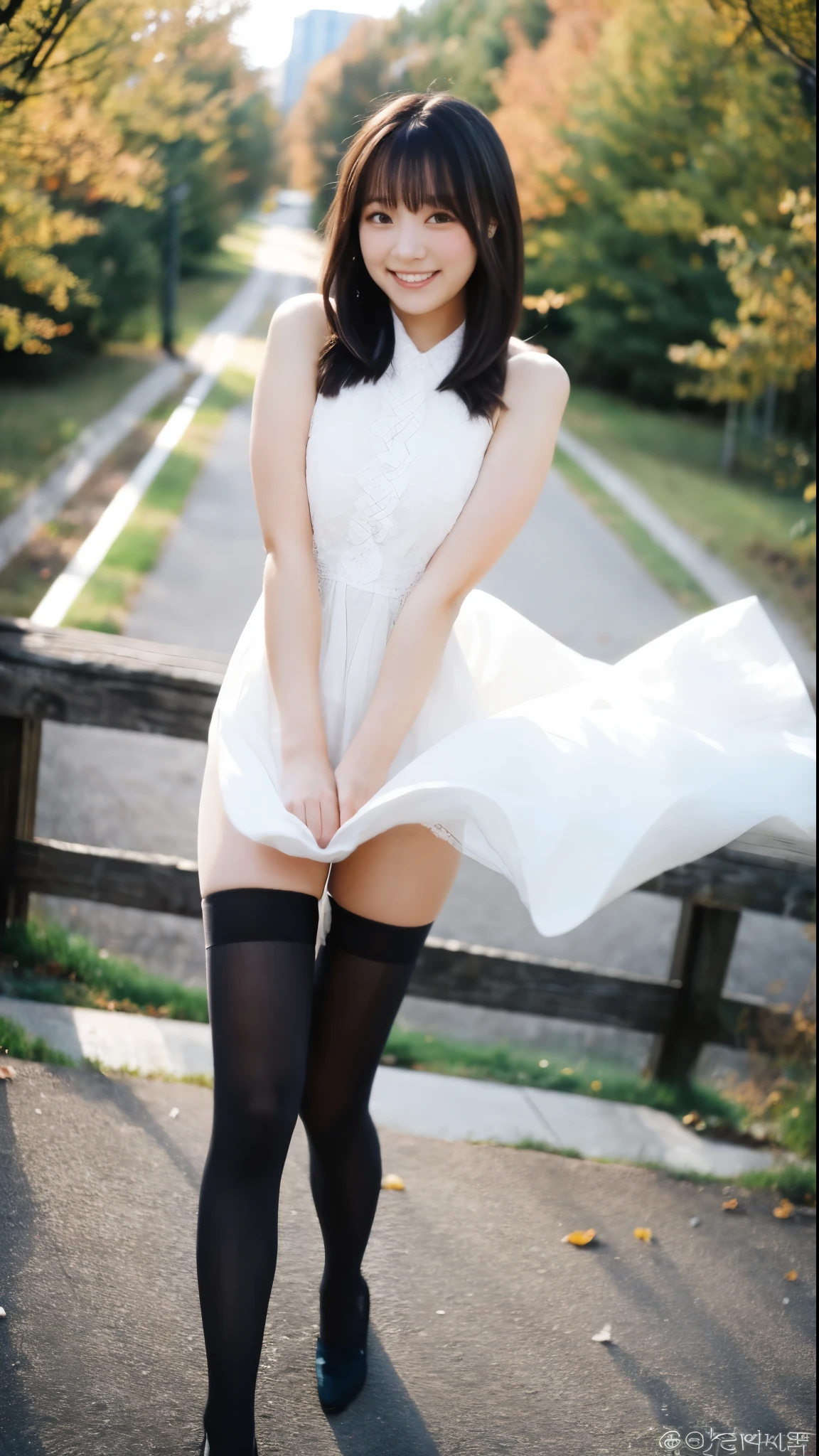 (Only one person), Pure Japanese young girl, wearing white gothic ta style dress and accessories, classical high heels, vivid makeup and lips, thick eyebrows, arranged hair styles, sweet smile, sitting, lift up skirt, spread wide legs, (panty), summer sunshine, professional photography, 