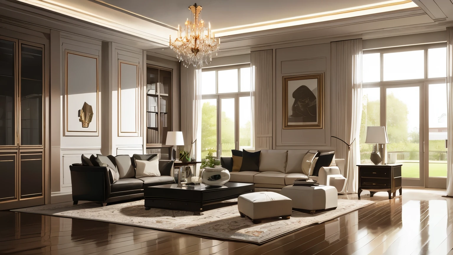 you are a famous interior designer、I was asked to create a 3D image of a large modern room.。. Create a harmonious environment with modern and minimalist furniture. Including garden interior.