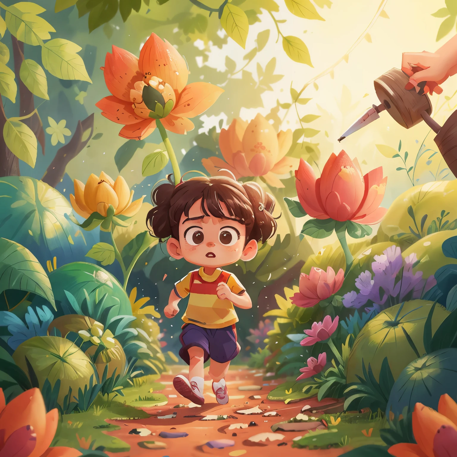 A 6-year-old girl is running in a garden, she is wearing gardener's clothes, is scared, scared, perfect quality, clear focuess - house: 0.8), (masterpiece: 1.2) (Realistic: 1.2) (Bokeh) (Best quality) (Detailed Skin: 1.3) (Intricate Details) (8K) (Eye Detail) (Sharp Focus), (Unhappy)