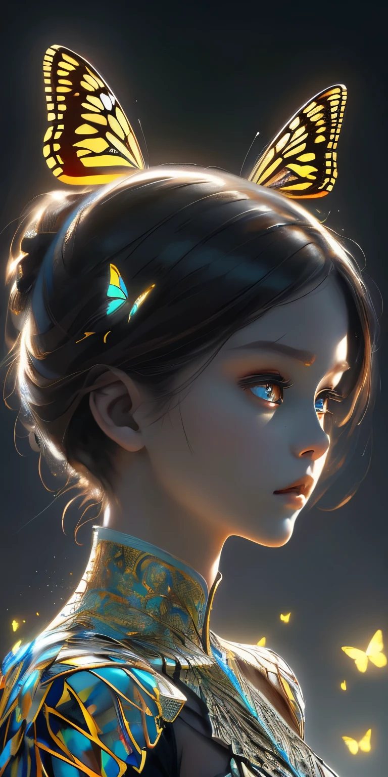 8k portrait of beautiful robot with brown hair, complex, elegant, Very detailed, majestic, digital photography, Artgerm、Artwork by Ruan Jia and Greg Rutkowski, Surrealism, gold butterfly filigree, shattered glass, (masterpiece, Side light, Exquisite and beautiful eyes: 1.2), human development report