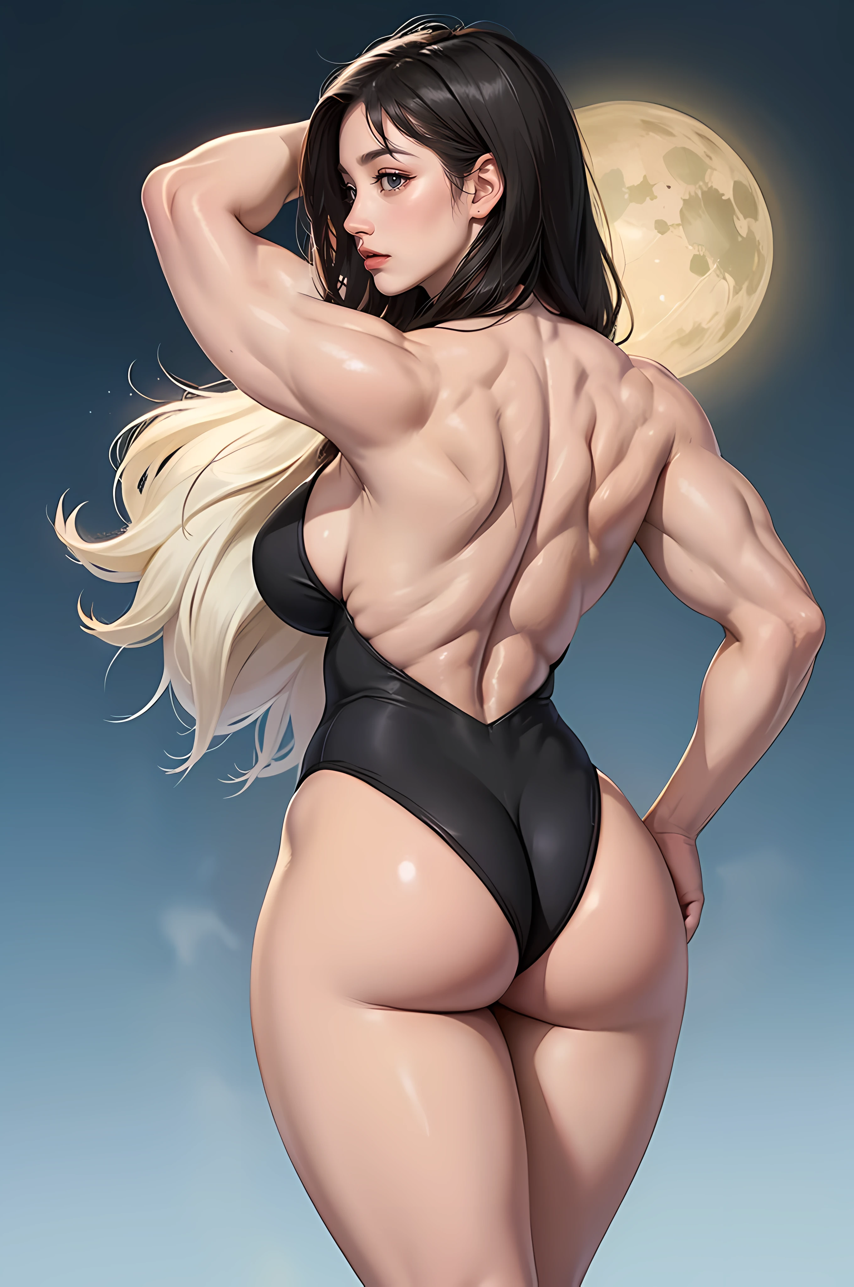 solo, (((1 girl))), very long hair, black hair, angry, yellow eyes, , , 1, , , , , , (((((muscular))))), ((huge tits)), ((thick thighs)), ((wide hips)), pale skin, leotard, (from behind), big ass