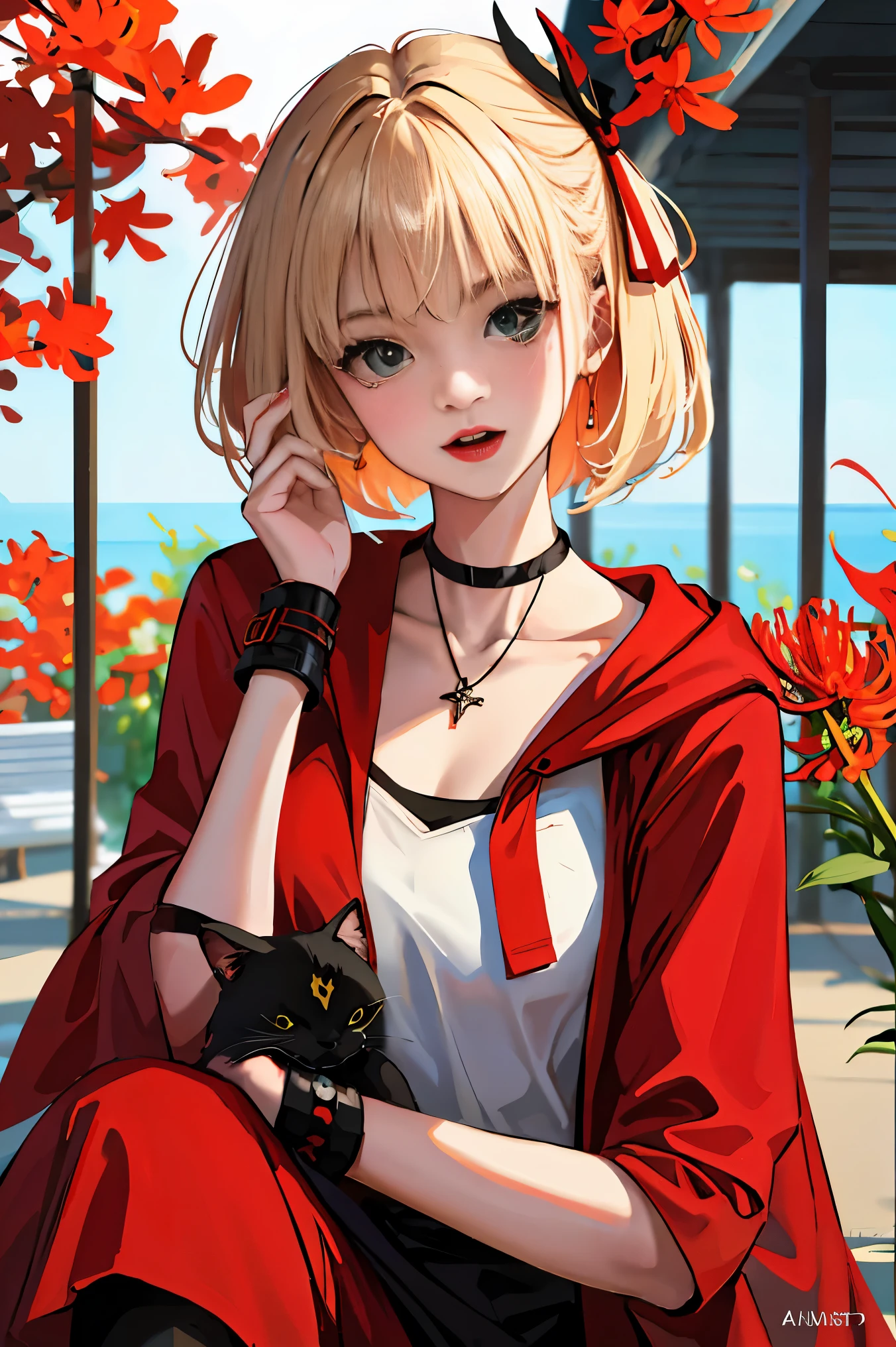 (Fine, beautiful eyes and detailed face)、cinematlic lighting、bustshot、Highly detailed CG Unity 8K wallpaper、(top-quality、hight resolution、8K、masterpiece:1.2)。Curvaceous but slender、Muchimuchi Body、Red spider lily field、Red modal lilies are blooming all around、Red Spider Lily、Grinning Woman、Red spider lily sits in the middle of blooming。With a somewhat horror look、Eight teeth are characteristic。Wear bloody clothes、Has an ax。Crazy looks and the gap between her and Red Spider Lily、Further enhance her beauty。Half-garment hoodie、accessorized、Mole、eyebrows、double tooth、canine teeth、poneyTail、Muscular nose、Clear, Detailed green eyes、blondehair、Hats、Uniforms、red blush、short-haired、a choker、fleshy lips、Physical beauty、well-muscled、Raise headband bangs、Oforehead、Mysterious fashion、Street fashion、Anime style、animesque、Oversized trousers、Unreal、Fashion based on green and black、Backgrounds with depth、The background is a field of bright red lilies、10,000 Red Spider Lily。a necklace、Braceletisanga、arm band、colorful backdrop、Light and Wall Co-star、Little black cat clinging to his shoulder、Original face、(dark themed:1.3)、Dark Fantasy、With a red spider lily in her mouth、