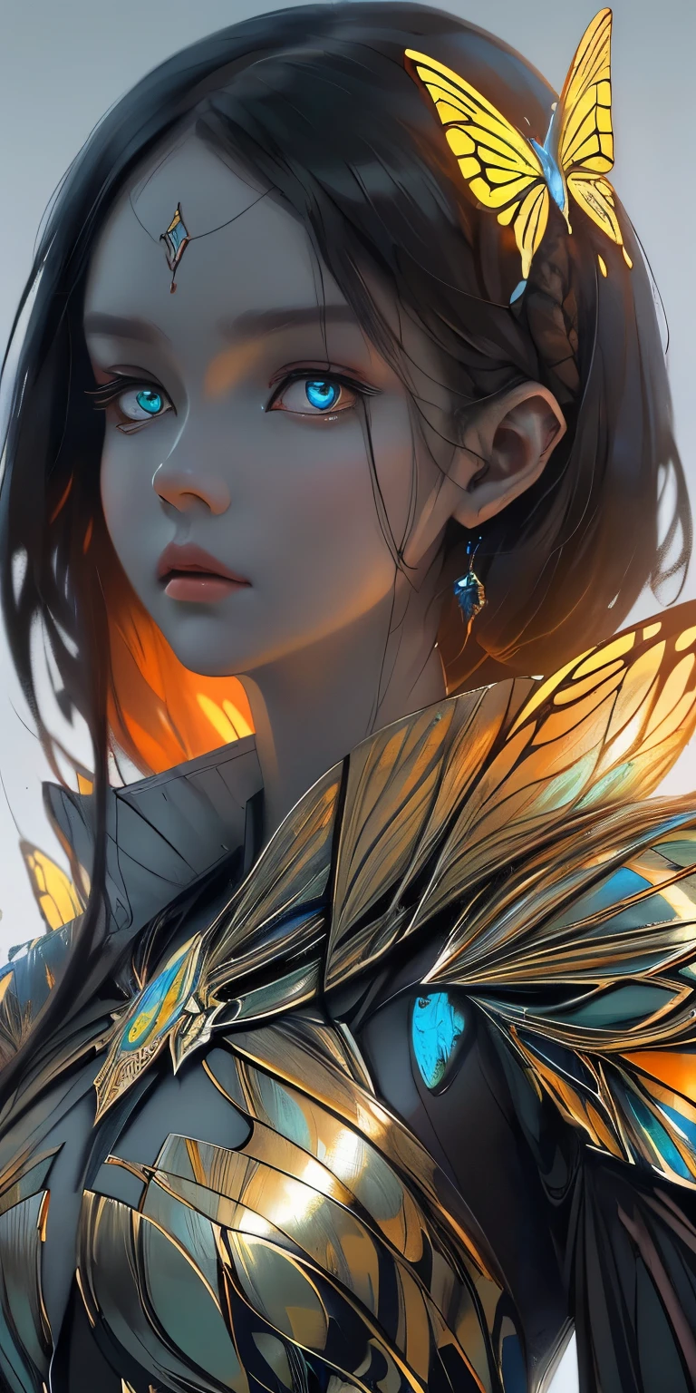 8k portrait of beautiful robot with brown hair, complex, elegant, Very detailed, majestic, digital photography, Artgerm、Artwork by Ruan Jia and Greg Rutkowski, Surrealism, gold butterfly filigree, shattered glass, (masterpiece, Side light, Exquisite and beautiful eyes: 1.2), human development report