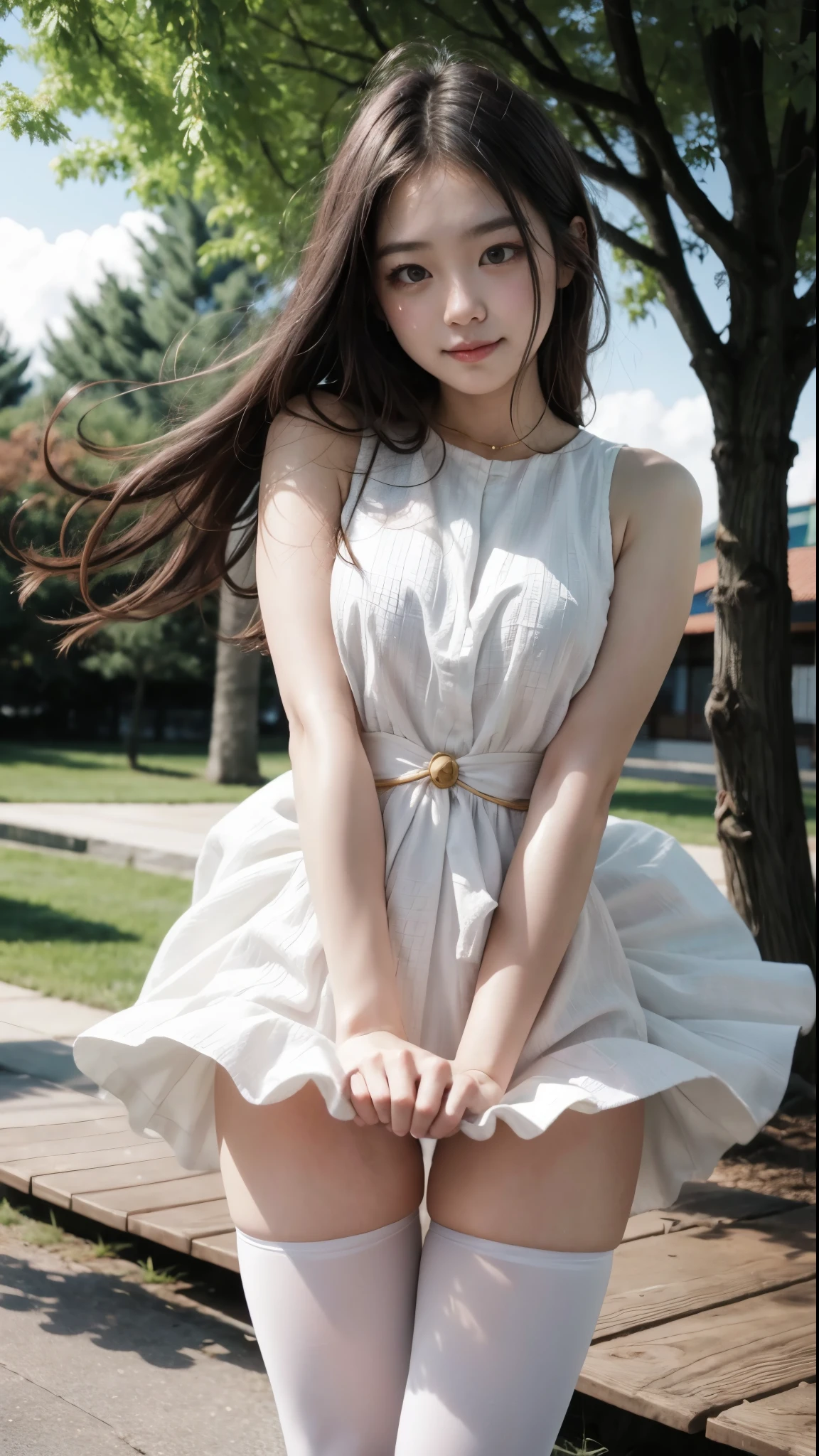 ulzzang-6500-v1.1, (genuine:1.4), (muste piece),  (highest quality, 8k, 32K, masterpiece, Hmm:1.2),Photos of beautiful Japanese women,(sad smile,blush:1.1),looking at the viewer,(beautiful detailed dress skirt:1.2),leg details,(spread your legs:0.9),(lace panties:0.9),(super realistic pantyhose:1.2),(wind lift:1.6), whole body,the wind is strong,city,outdoors