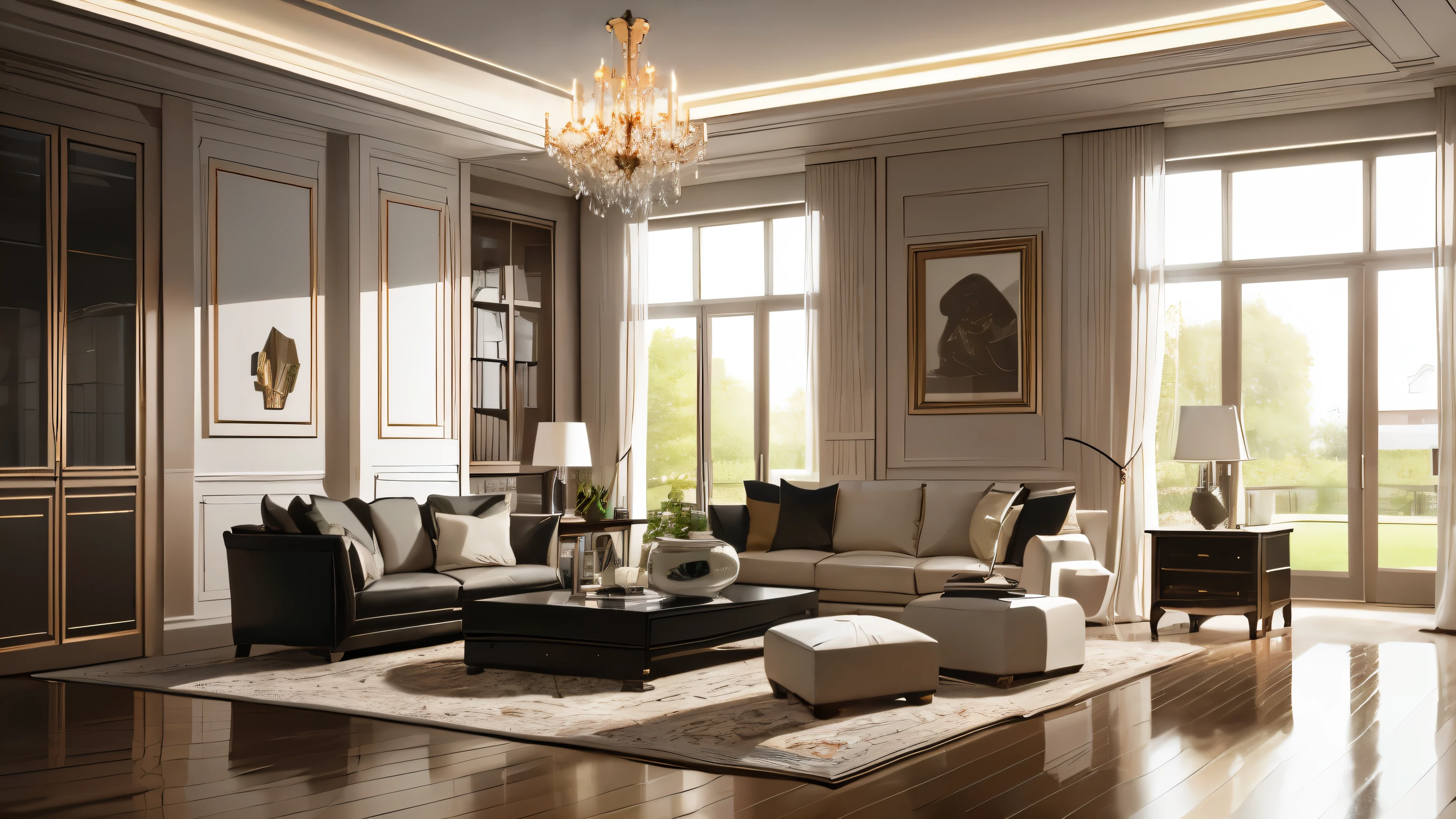 you are a famous interior designer、I was asked to create a 3D image of a large modern room.。. Create a harmonious environment with modern and minimalist furniture. Including garden interior.