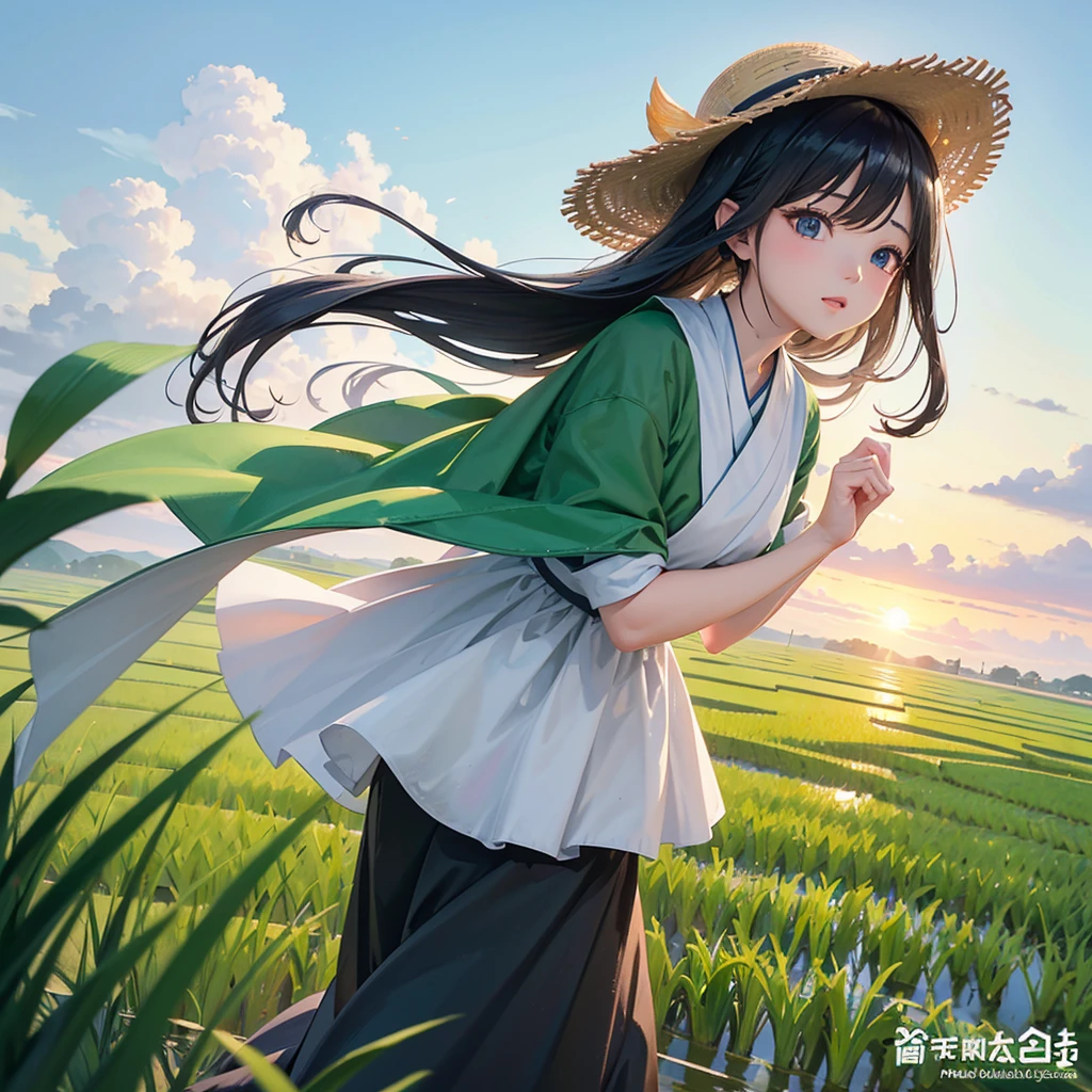 rice paddy/paddy(masterpiece, best quality, Super detailed, lifelike),光暈渲染在一望無際paddy.夕陽西下照映paddy.Brilliant light and shadow.Close-up of rice ears.plump and low.The wind blows the rice waves.