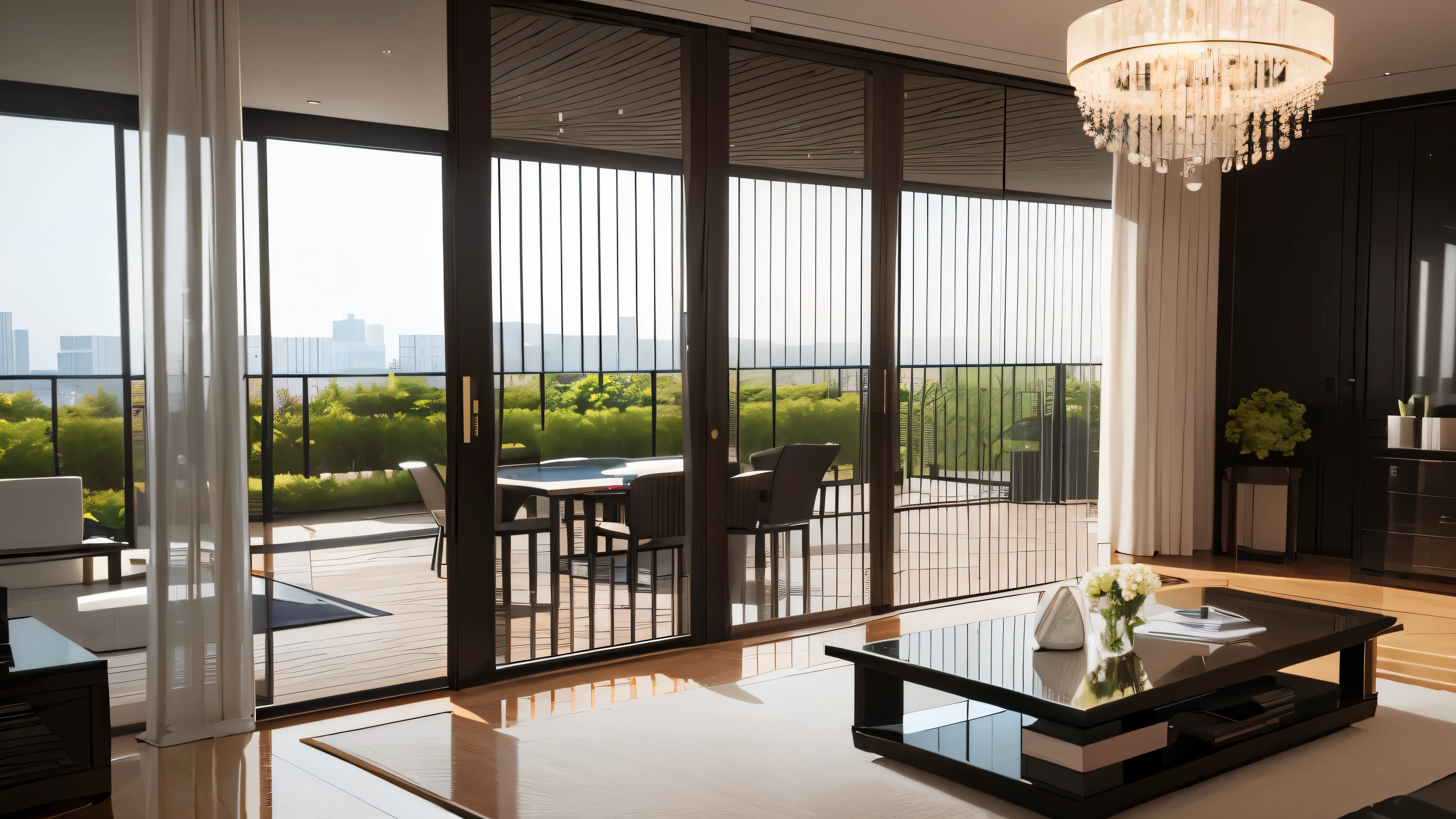 you are a famous interior designer、I was asked to create a 3D image of a large modern room.。. Create a harmonious environment with modern and minimalist furniture. Including garden interior.
