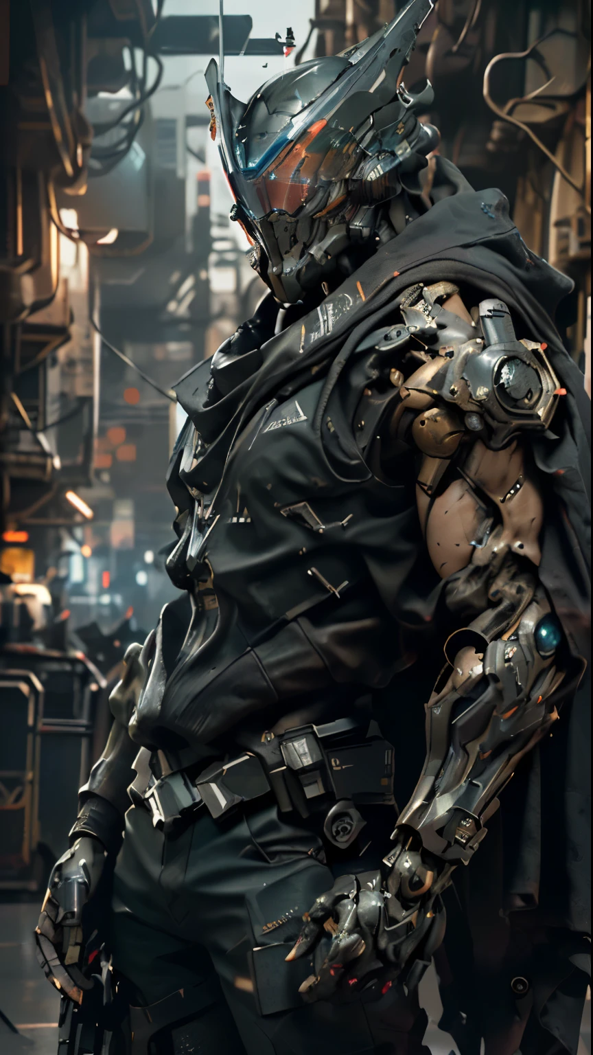 A cinematic action scene of a cyberpunk muscular Special Forces cyborg, Helmet with holographic optics, Dark dystopian aesthetics of science fiction, Dystopian city in the background, at night, dynamic angle, Cinematic lighting, altamente detalhado, hiper-realista, (corpo inteiro:1.2)