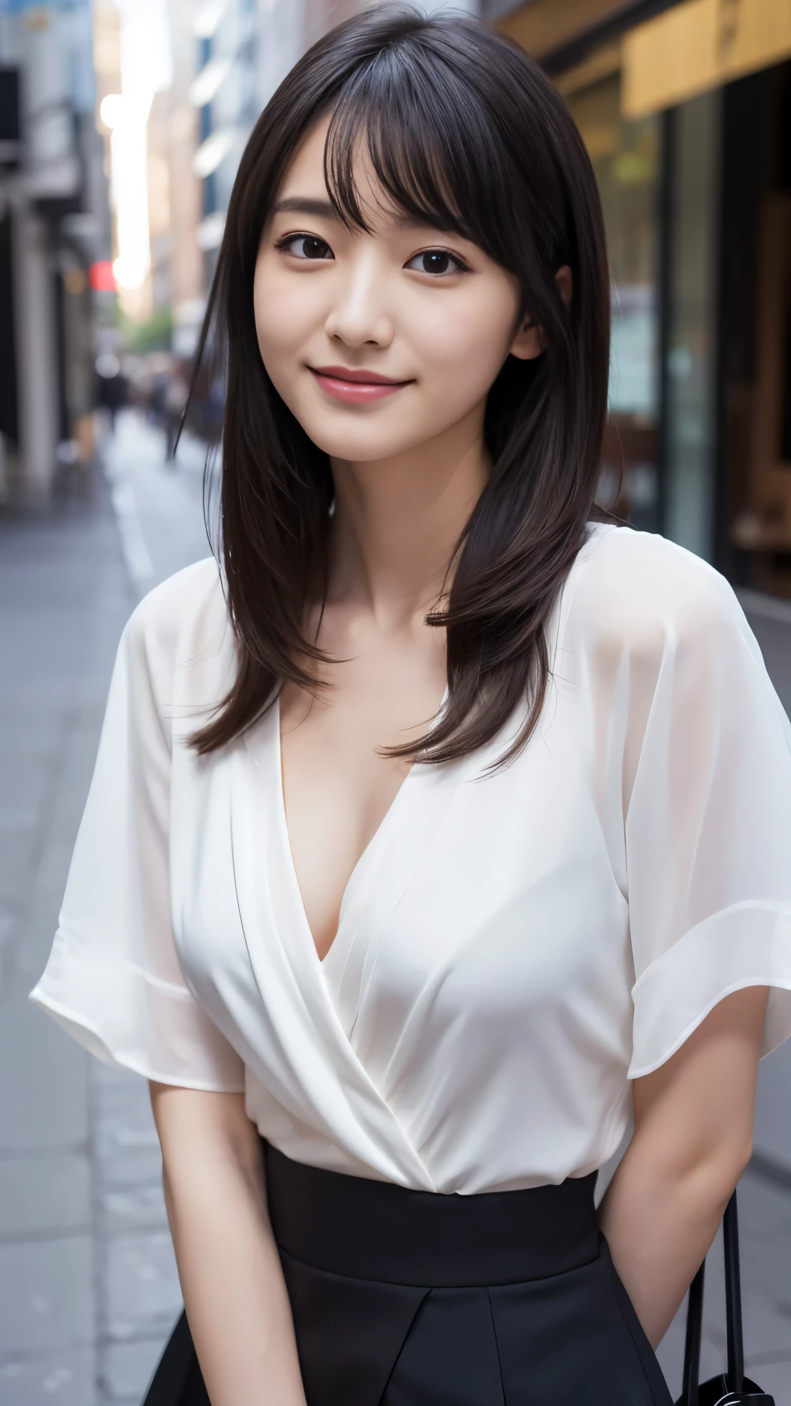 1 female,18-year-old,(numerical portrait:Mayu Yokota, Yuko Araki),black eye,beautiful face,(thin skeletal surface+delicate features、),非常にdetailed face,(delicate Japanese makeup), black eyelash curls for long hair,(messy and layered, by bangs), smile,Please look into the camera,fair and smooth skin,(optimal skin type:1.21),(clavicle:1.2),slim fit suits for women,V neck white short shirt,(deep v neck,big breasts),short hip wrap skirt,(realistic close-up photo of woman),thin waist、long legs,(slim body shape),street,((Hasselblad Photos)),surreal pictures, Physically based rendering,professional lighting,exquisite details,detailed face,the picture is pure,perfect hands,perfect posture,ultra fine makeup,ultra-fine clothing material、live action、smile and stand up straight