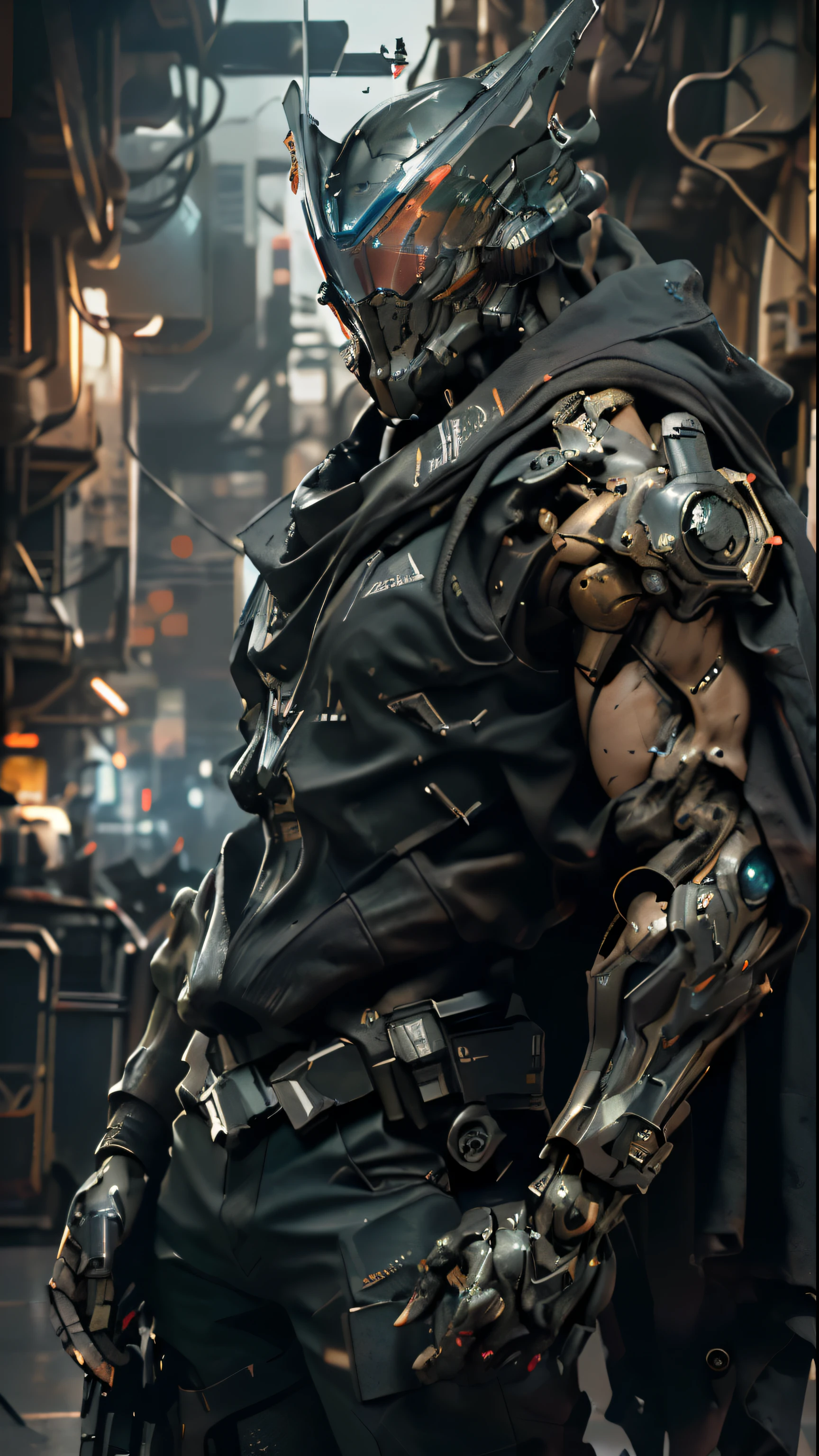 A cinematic action scene of a muscular, cyberpunk Special Forces cyborg, Helmet with holographic optics, Dark dystopian sci-fi aesthetic, Dystopian city in the background, At night, dynamic angle, Cinematic lighting, altamente detalhado, hiper-realista, (corpo inteiro:1.2)