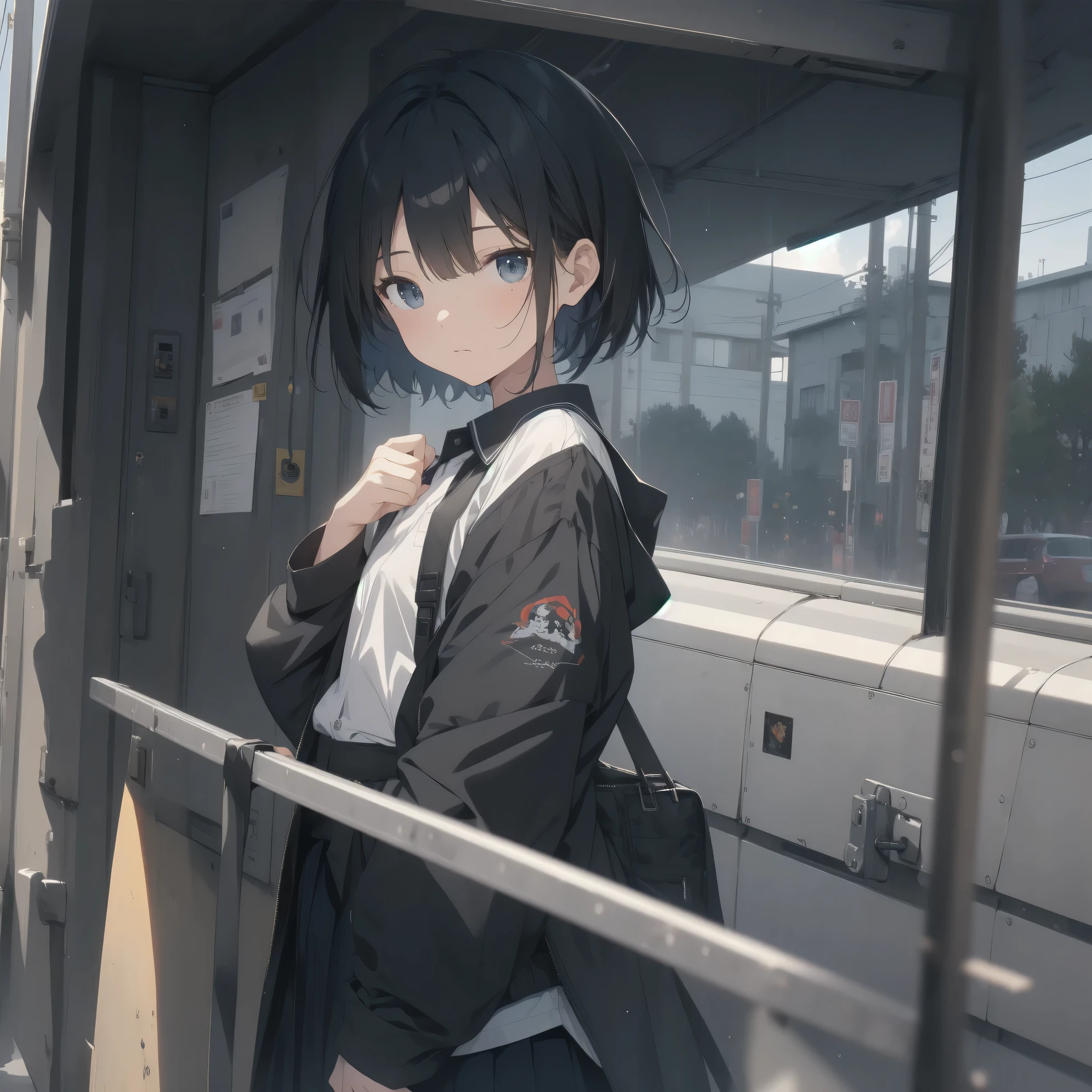 Super absurd quality by the god of art, super detailed, High resolution, anime moe art style, Best Anime 8K Kona-chan Wallpaper, pixiv contest winner, perfect anatomy, break,(眠そうにalone学校へ行く女の子を描いてください. )break,1 girl, (alone,little woman, baby face, 13 years old:1.3),All limbs, full finger,, The charm of an immature body, (very_short hair), bangs, flat chest, Small Bodysuits, small ass, between legs, small black eyes, detailed and beautiful eyes, Well-proportioned iris and pupils, expressive eyes, sleepy eyes, High resolutionの詳細な髪, hair ornaments, skirt, collared shirt, pleated skirt, school uniform, school bag,(detailed lighting), (detailed background), On the way to school. break,super dense skin, Best movie lighting by famous artists, 8k,cute illustration,photoshop_(Moderate),Absurd Hi-Res,Hmm,rough skin