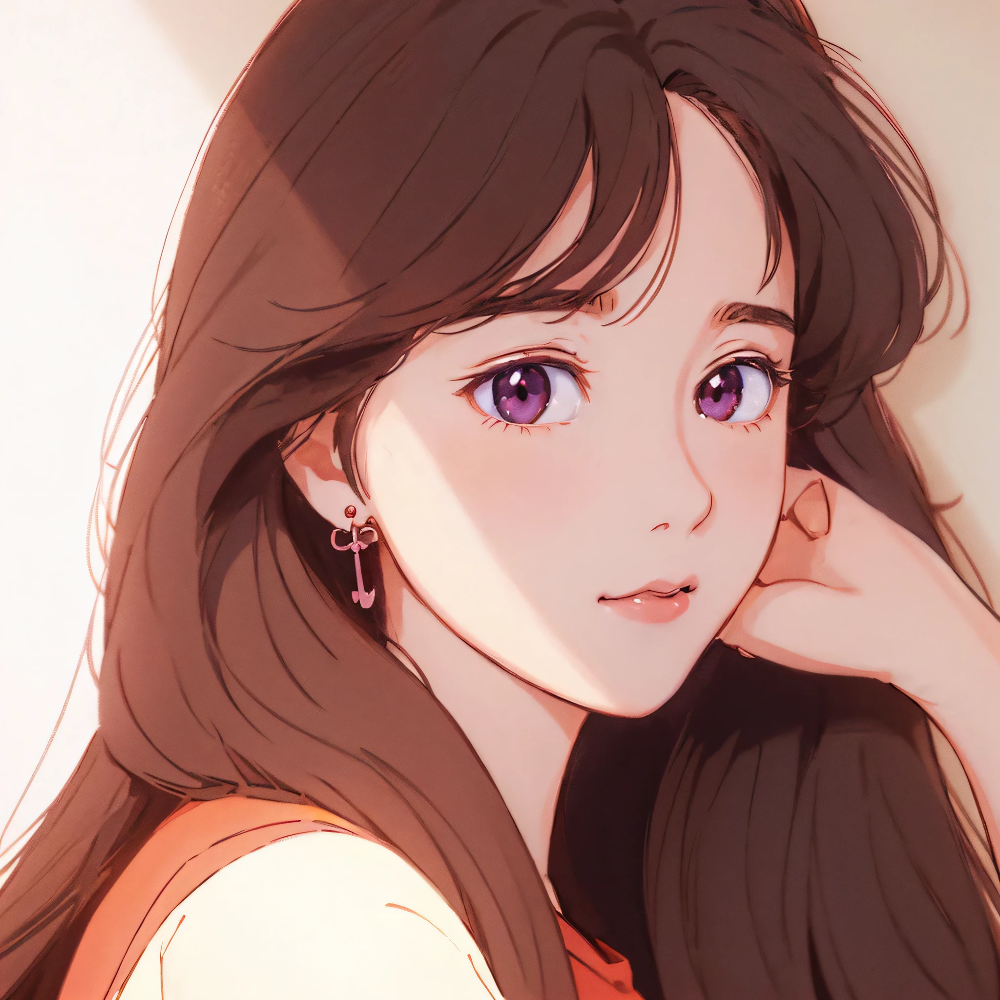 Anime girl with long hair and earrings sitting on chair, Lofi portrait, Digital anime illustration, Realistic anime 3D style, Smooth anime CG art, Soft anime illustration, Cute and natural anime face, Beautiful digital illustration, A beautiful anime portrait, Bovoort'Art style, kawaii realistic portrait, blackpink jisoo portrait, Produced by Anime Painter Studio, lofi girl