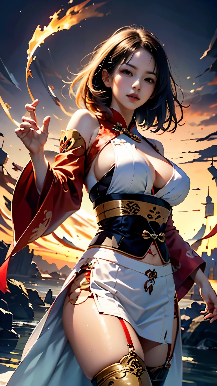 official art, unified 8k wallpaper, Super detailed, Beautiful and beautiful, masterpiece, best quality, (tangled, dispute, twist), (Fractal art: 1.4), 1 girl, black hair, Chinese, Bare shoulders and big breasts, short skirt, calf, navel, Very detailed, dynamic angle, cowboy shooting, (The most beautiful form of chaos), flowing, (bright colors), Oak, (half: 1.2), China, (Thangka Feitian: 1.5), (ribbon: 1.3), (Dream: 1.5), (Hanfu: 1.5), Chinese dragon, Chinese phoenix, (Smile: 0.5), (Chinese deity),