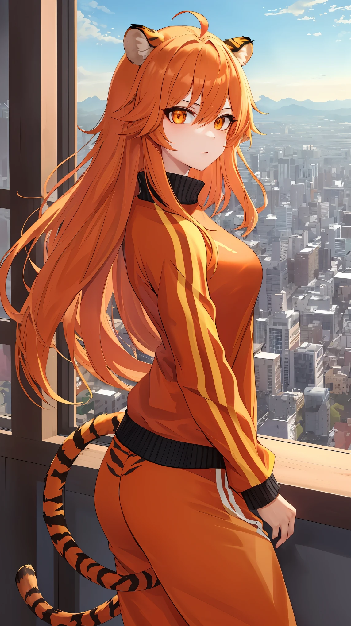 (masterpiece), best quality, expressive eyes, perfect face, tiger girl, tiger ears, tiger tail, long hair, bushy hair, orange hair, orange eyes, orange tracksuit, city, beautiful view, aesthetic
