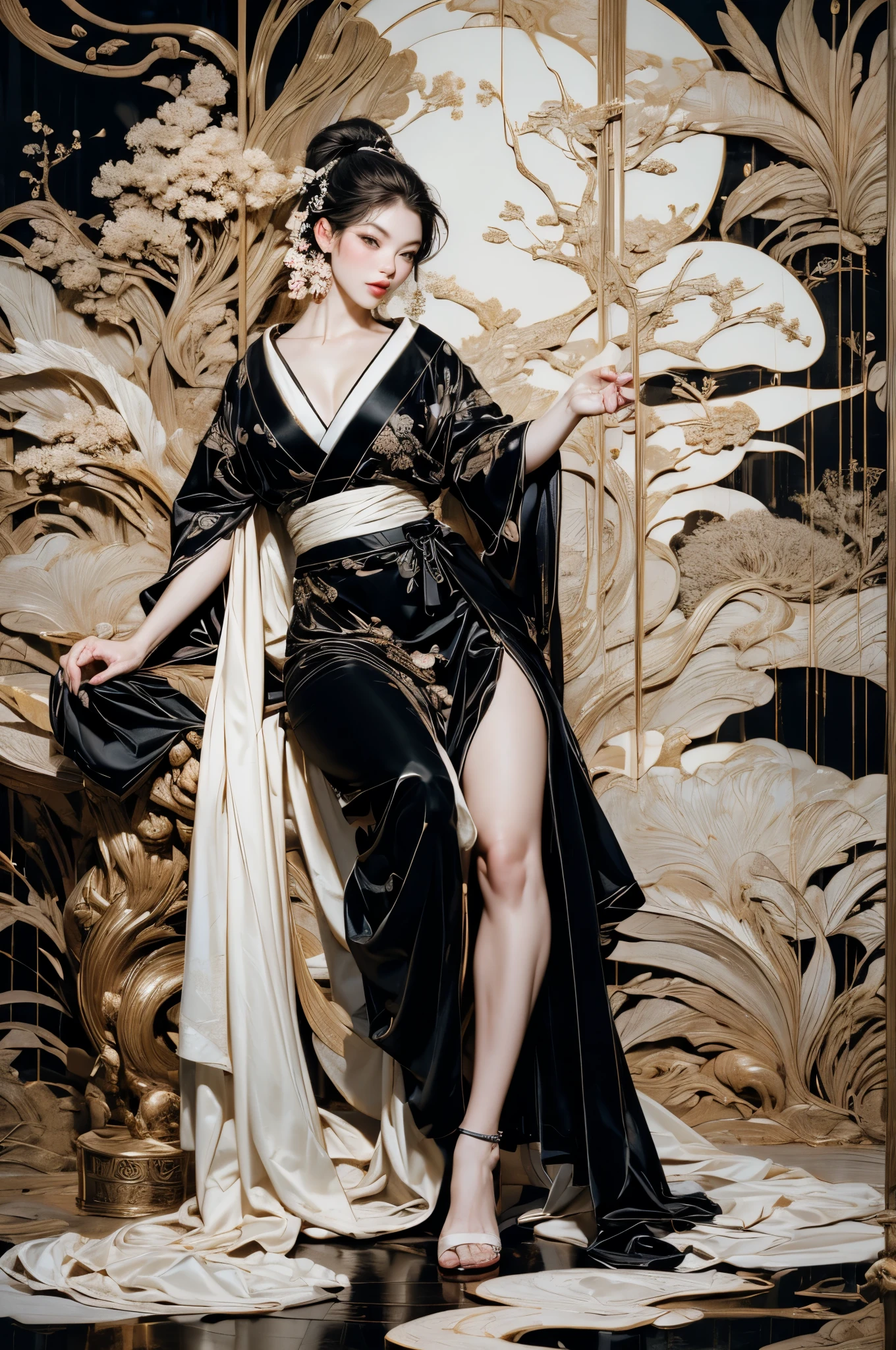 Umalinda warrior sexy, pretty face, Delicious Company, Alluring figure, Wearing a sexy open kimono. The artwork is created in a medium reminiscent of Japanese ink paintings....., 具有大胆的笔触和Monochromatic color palette. artist&#39;Masterful technique reveals the intensity and power of the image&#39;sense of presence，with the highest quality, Perfectly capture every detail with ultra-high resolution. Textures and intricate patterns on kimonos are rendered with extreme precision. Lighting is carefully designed，Enhance drama, Features deep shadows and subtle highlights. General, The artwork exudes elegance and power, Combining traditional Japanese aesthetics with a modern feel. Monochromatic color palette, Combine details, Create captivating and immersive experiences for your audience.