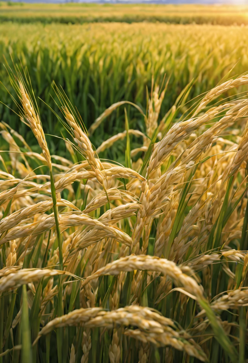 rice paddy/paddy(masterpiece, best quality, Super detailed, lifelike),光暈渲染在一望無際paddy.夕陽西下照映paddy.Brilliant light and shadow.Close-up of rice ears.plump and low.The wind blows the rice waves.