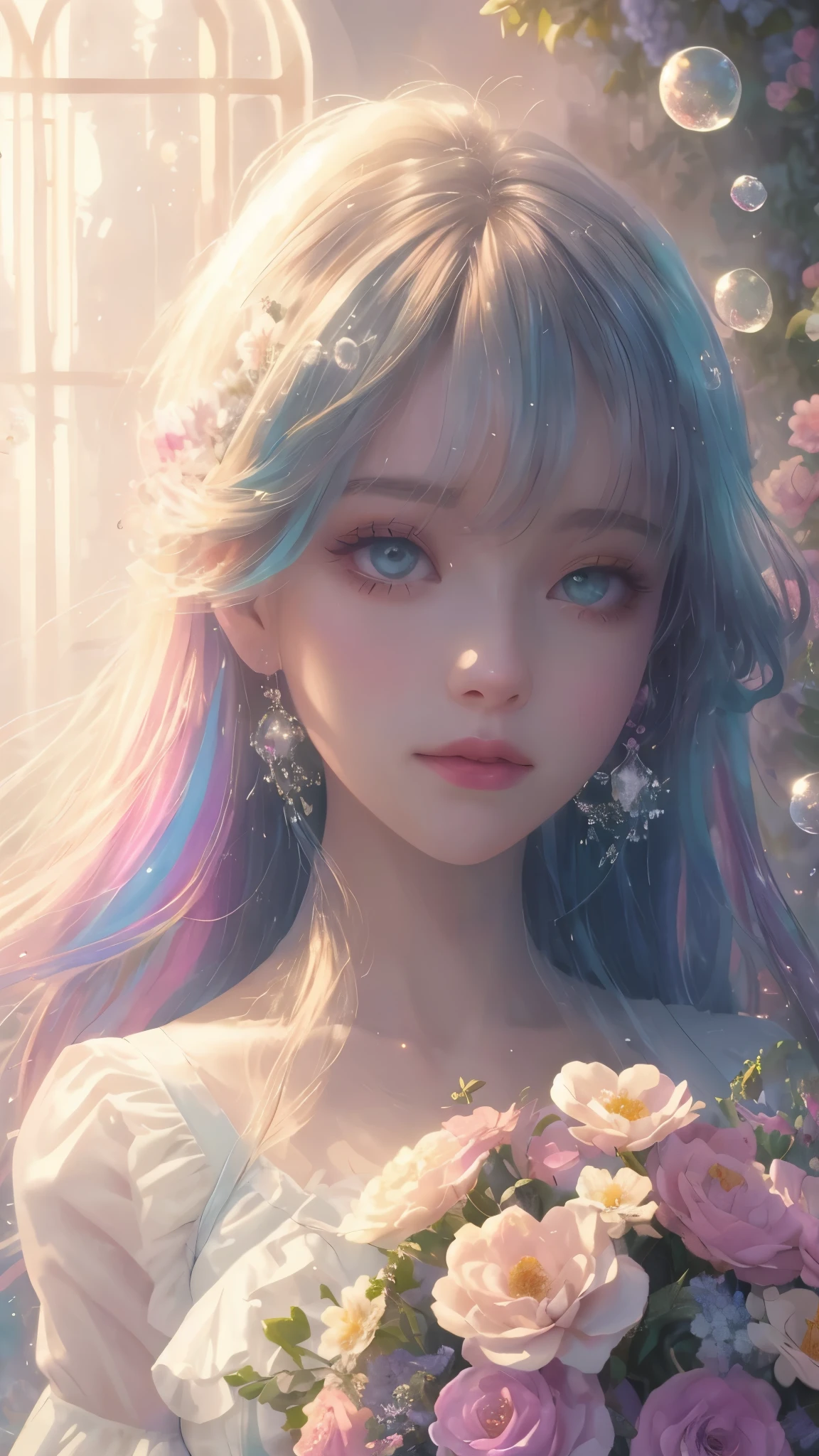 (high quality, 8k), (soft light), Rainbow-colored, one girl, detailed face, fine eyes, watercolor paiting,  so magical and dreamy, dreamy and detailed, dreamy atmosphereとドラマ, gorgeous atmosphere, fantastic beautiful lighting, dreamy atmosphere, beautiful atmosphere, dreamy romantic, fantastic dreamy theme, magical atmosphere, beautiful atmosphere, anime background art, magical atmosphere + table top, dreamy aesthetics, Beautiful details with atmosphere, lots of flowers, bubble, water, flower garden