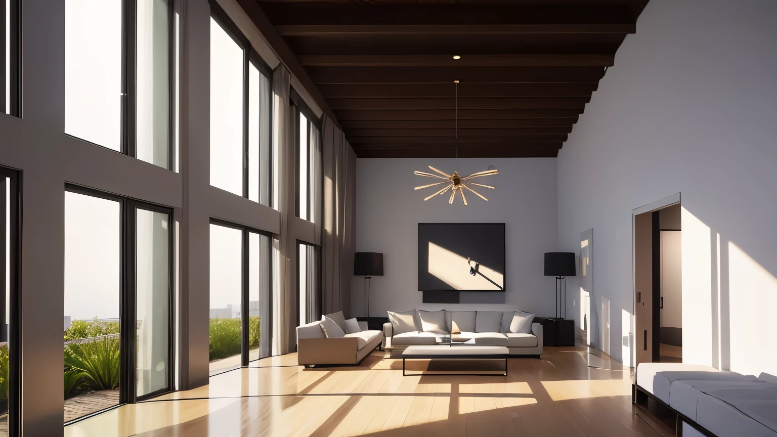 you are a famous interior designer、I was asked to create a 3D image of a large modern room.。. Create a harmonious environment with modern and minimalist furniture. Including garden interior.