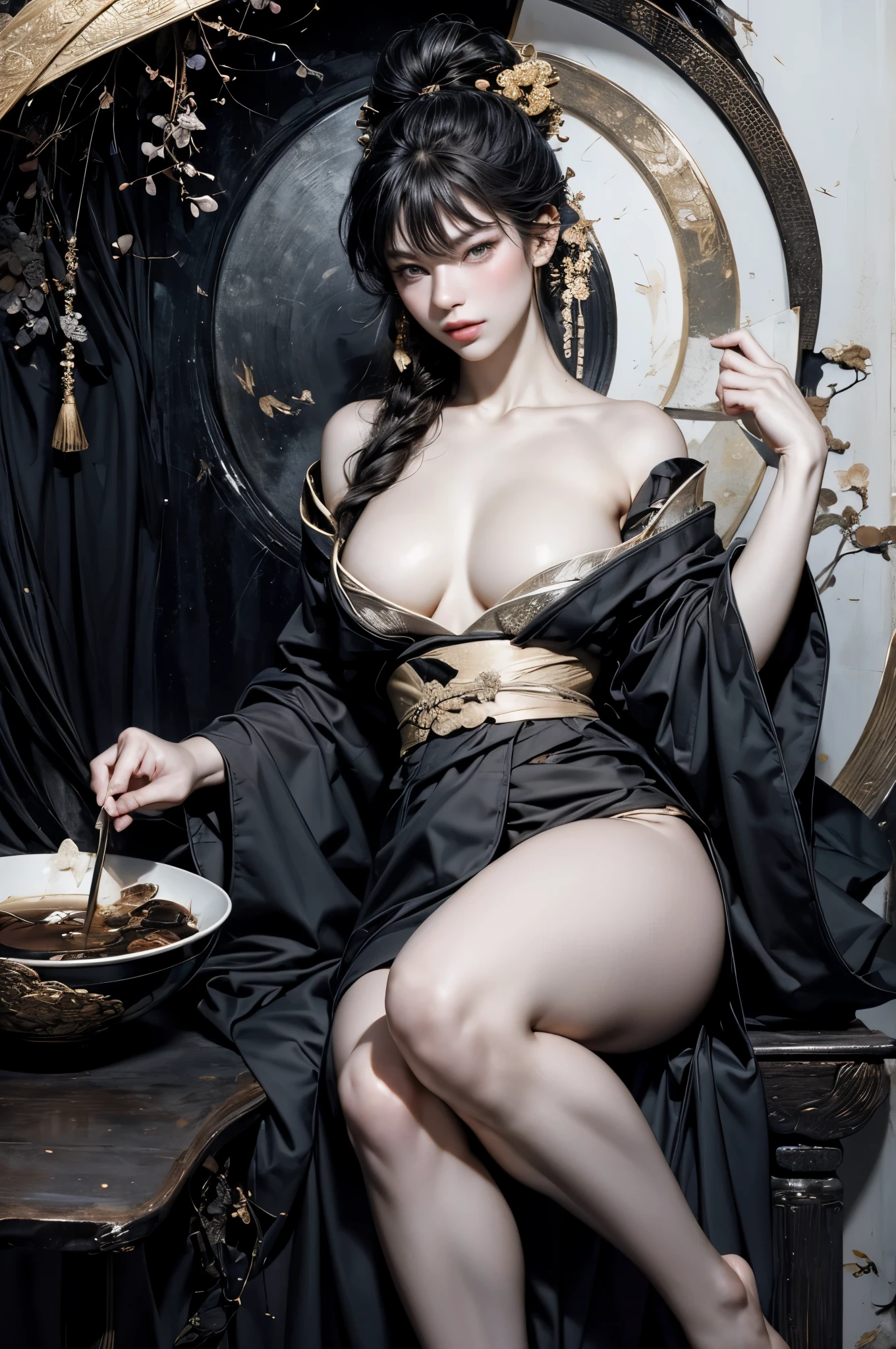 Umalinda warrior sexy, pretty face, Delicious Company, Alluring figure, Wearing a sexy open kimono. The artwork is created in a medium reminiscent of Japanese ink paintings....., 具有大胆的笔触和Monochromatic color palette. artist&#39;Masterful technique reveals the intensity and power of the image&#39;sense of presence，with the highest quality, Perfectly capture every detail with ultra-high resolution. Textures and intricate patterns on kimonos are rendered with extreme precision. Lighting is carefully designed，Enhance drama, Features deep shadows and subtle highlights. General, The artwork exudes elegance and power, Combining traditional Japanese aesthetics with a modern feel. Monochromatic color palette, Combine details, Create captivating and immersive experiences for your audience.
