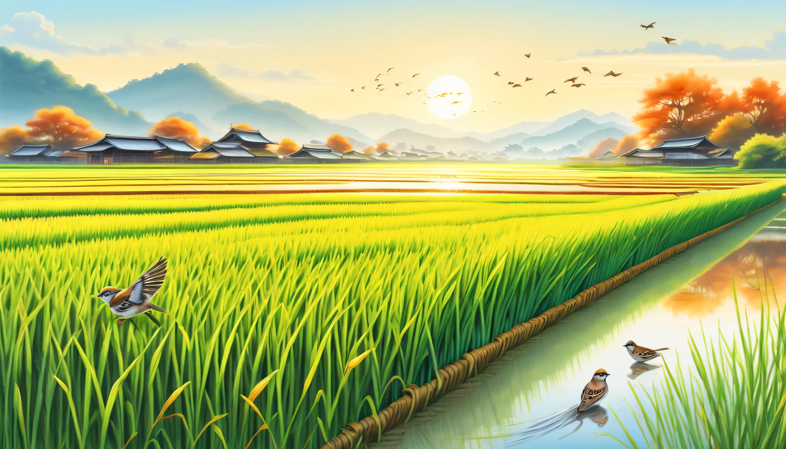 Calm rice field landscape illustration, wide panoramic angle, Lively rice field, Clear water gutter with fish shadows, autumn sun lighting, swaying in the wind, The essence of peaceful countryside, beauty of nature, Small beaks move in perfect harmony, A flock of adorable sparrows perched on a branch, A stunning rendering of a flock of sparrows, interconnectivity, High precision coloring and delicate colored pencil strokes, capture every detail, Stunning colored pencil rendering, quiet atmosphere, Adds depth and dimension to each stroke,