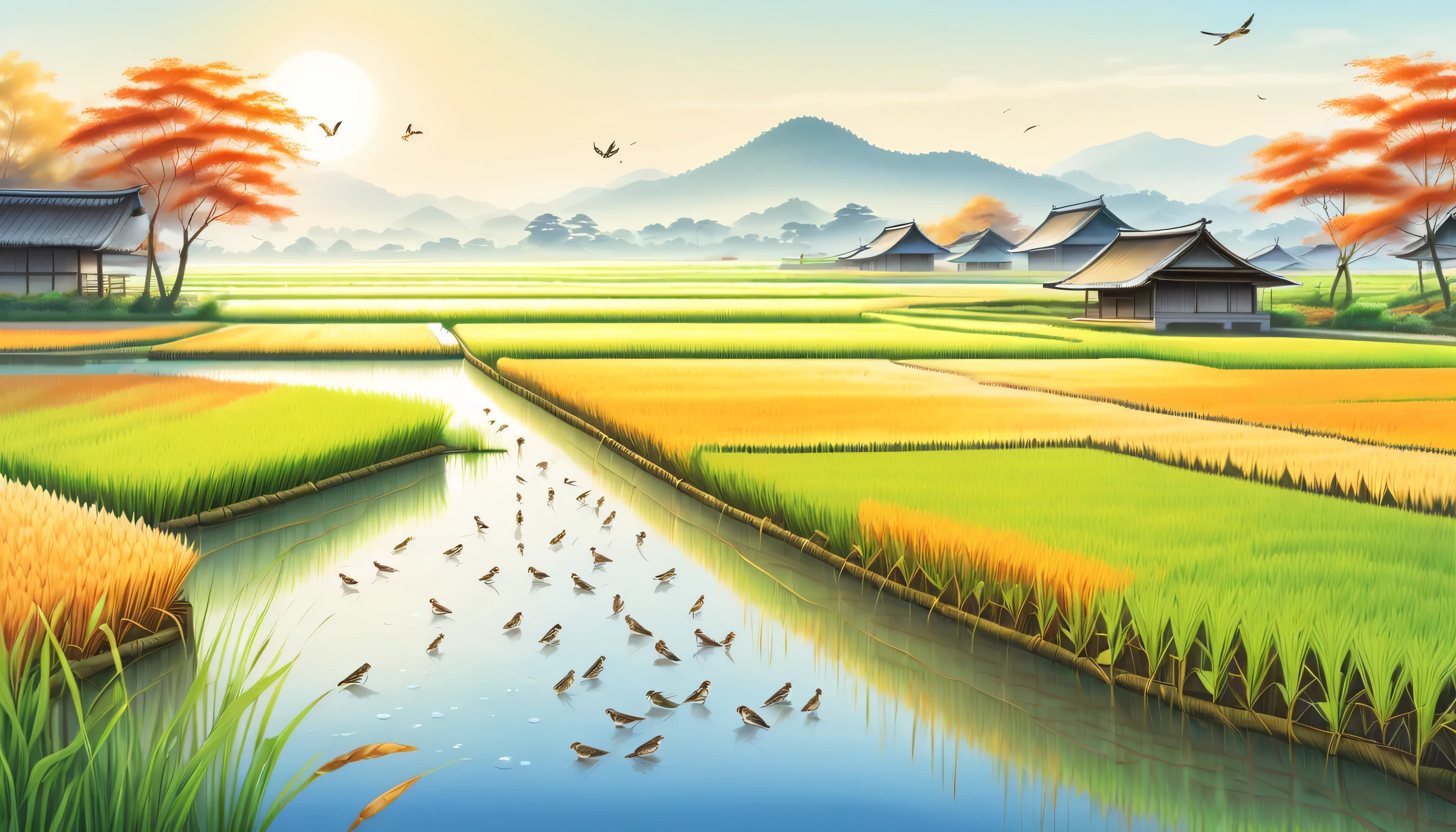 Calm rice field landscape illustration, wide panoramic angle, Lively rice field, Clear water gutter with fish shadows, autumn sun lighting, swaying in the wind, The essence of peaceful countryside, beauty of nature, Small beaks move in perfect harmony, A flock of adorable sparrows perched on a branch, A stunning rendering of a flock of sparrows, interconnectivity, High precision coloring and delicate colored pencil strokes, capture every detail, Stunning colored pencil rendering, quiet atmosphere, Adds depth and dimension to each stroke,