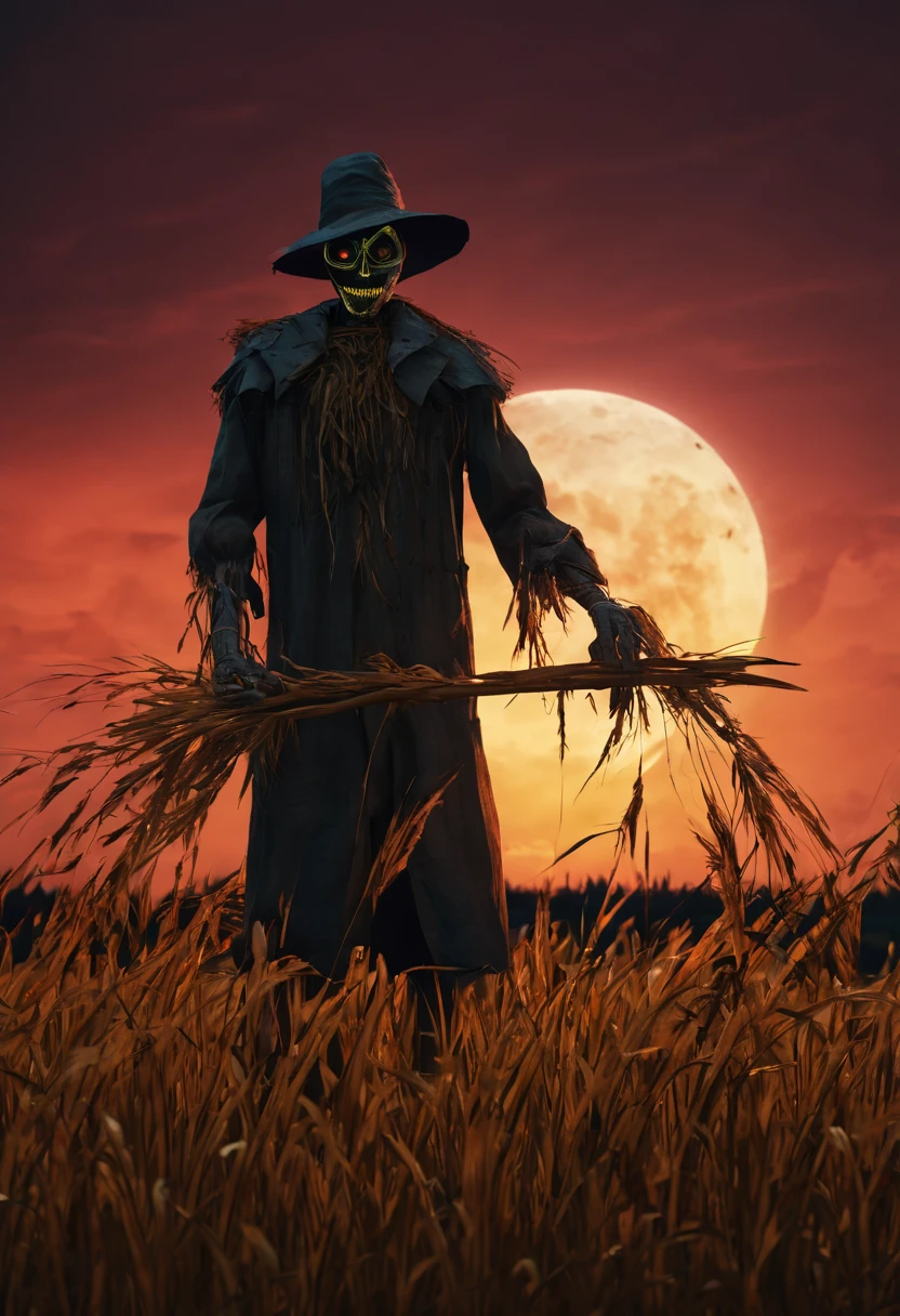 High Resolution, High Quality, Masterpiece. Scarecrow looming over rice field, eyes glistening under the twilit moon,There is a sharp sparkling sickle in his hand. halo effect surrounding its silhouette, sharp sickle dripping with crimson, night casting shadows, adding a cinematic split, chiaroscuro technique emphasizing horror, hyperrealistic quality, octane rendering for a masterpiece, trending on artstation, 8k artistic photography, photorealistic concept art with soft natural volumetric light,