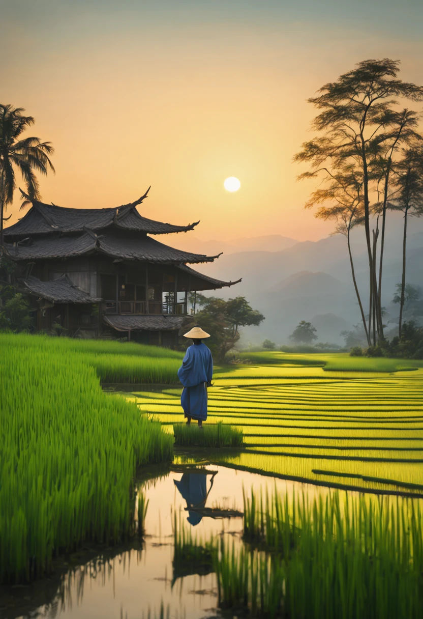 Tranquil sunrise over a sprawling rice paddy, (paddy/Inada), mist hovering above the water-logged fields, farmers beginning their day in the distance, traditional conical hats, lush green stalks of rice, reflections on the calm water, mountains in the background with the first light of dawn, traditional wooden cottages on stilts, by Hokusai, digital painting, hyperrealism, 8k resolution, serene atmosphere, aesthetic