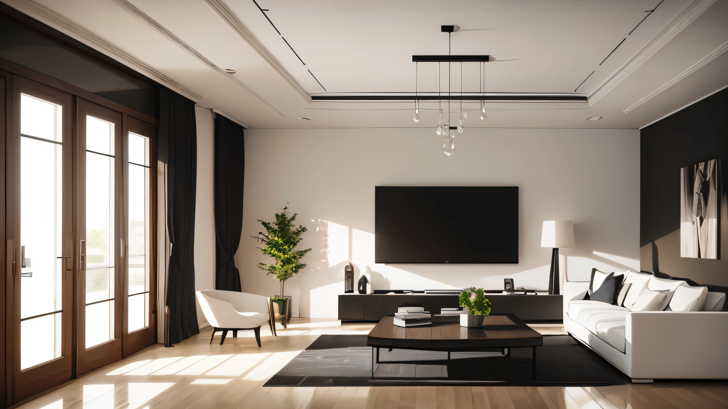 you are a famous interior designer、I was asked to create a 3D image of a large modern room.。. Create a harmonious environment with modern and minimalist furniture. Including garden interior.
