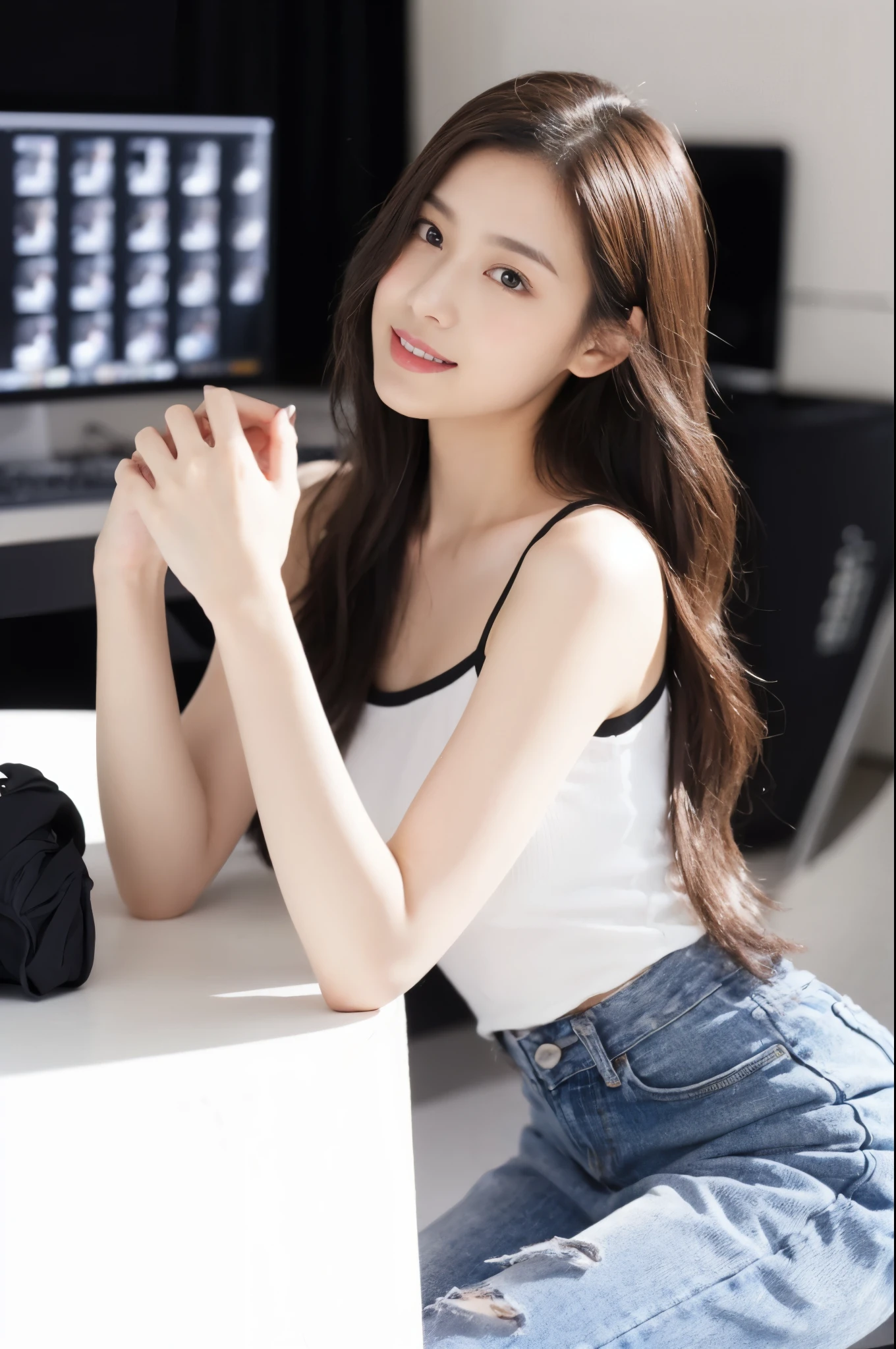 ((​Masterpiece, Top image quality, high resolution、alone、skin shiny))(on the table, best quality, (medium breasts:1.5),actual, super detailed, meticulous, high resolution, 8k wallpaper), Close-up portrait of a beautiful woman, like, smiling, light brown messy hair, Perfect dynamic composition, 美丽meticulous的眼睛, Just like the cover of a fashion magazine, on campus，Gorgeous costumes，hot stamping clothing，