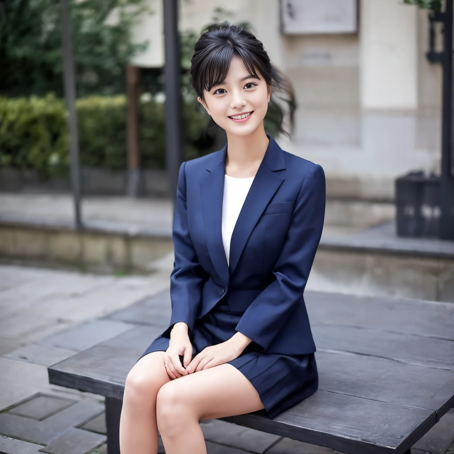 Highest image quality real Japanese woman 30 years old Beautiful hair up to the shoulders beautiful eyes double eyelid Trendy makeup navy colored suit mini skirt black pantyhose white inner smile daytime Station benches sitting legs are closed