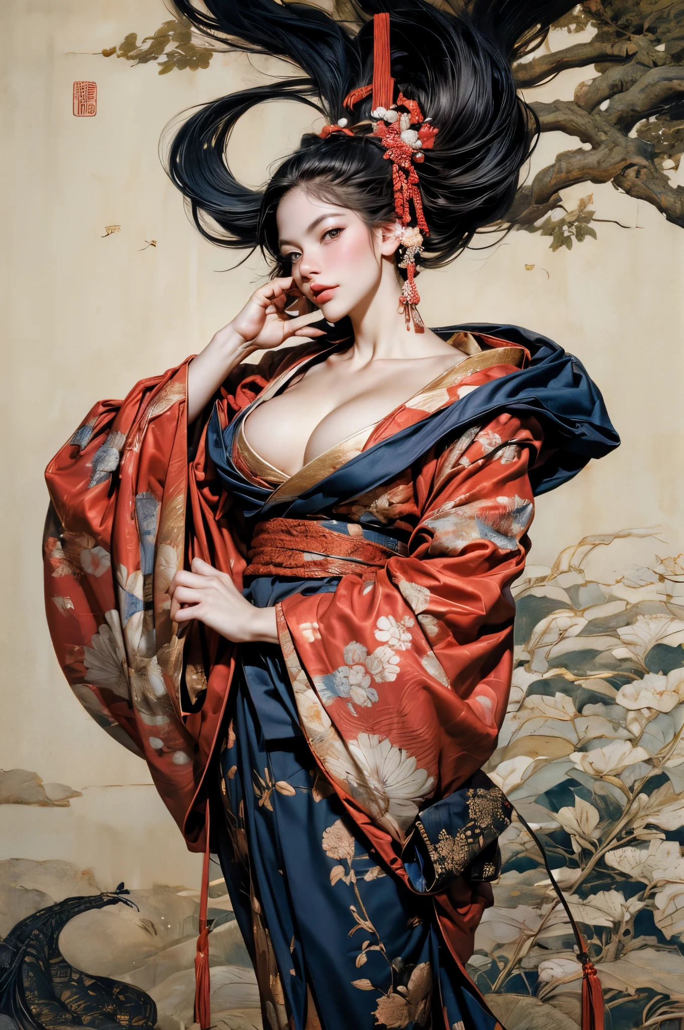 Umalinda warrior sexy, pretty face, Delicious Company, Alluring figure, Wearing a sexy open kimono. The artwork is created in a medium reminiscent of Japanese ink paintings....., 具有大胆的笔触和Monochromatic color palette. artist'Masterful technique reveals the intensity and power of the image'sense of presence,with the highest quality, Perfectly capture every detail with ultra-high resolution. Textures and intricate patterns on kimonos are rendered with extreme precision. Lighting is carefully designed,Enhance drama, Features deep shadows and subtle highlights. General, The artwork exudes elegance and power, Combining traditional Japanese aesthetics with a modern feel. Monochromatic color palette, Combine details, Create captivating and immersive experiences for your audience.
