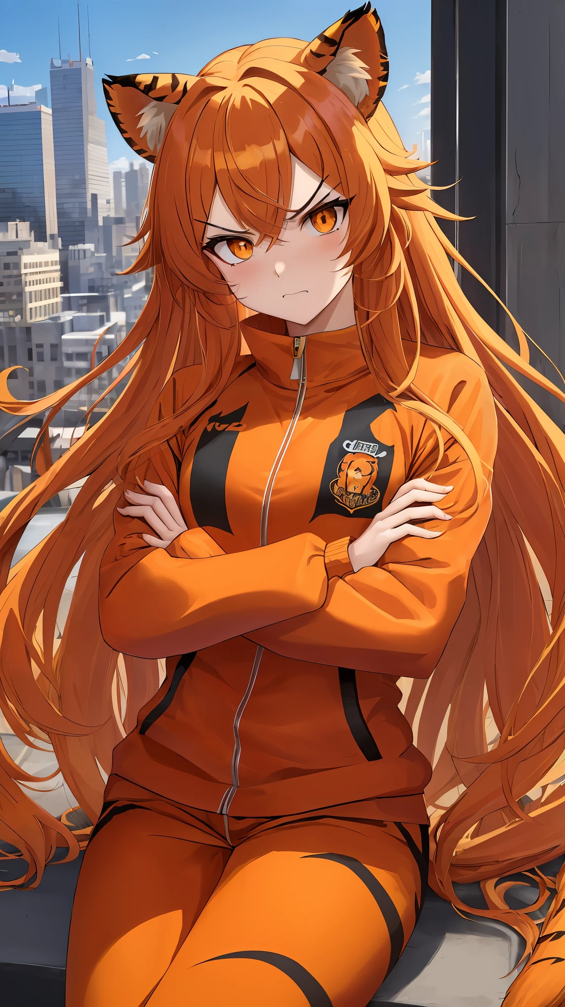 (masterpiece), best quality, expressive eyes, perfect face, tiger girl, tiger ears, tiger tail, long hair, bushy hair, orange hair, orange eyes, orange tracksuit, city, beautiful view, aesthetic, crossed arms, angry