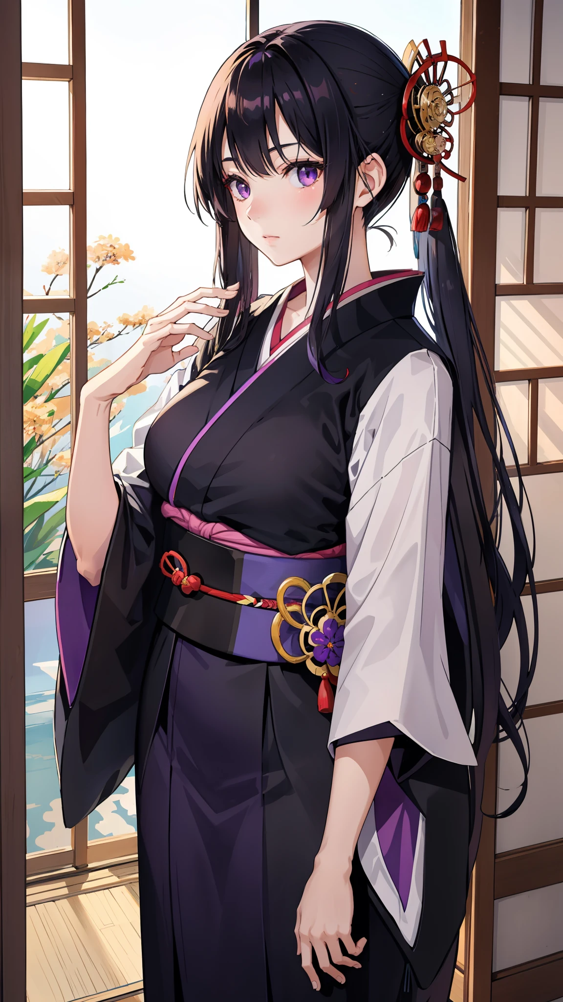 a young beautiful girl in a Japanese room, sunny day, long black hair, purple eyes, black kimono, katana on his waist.