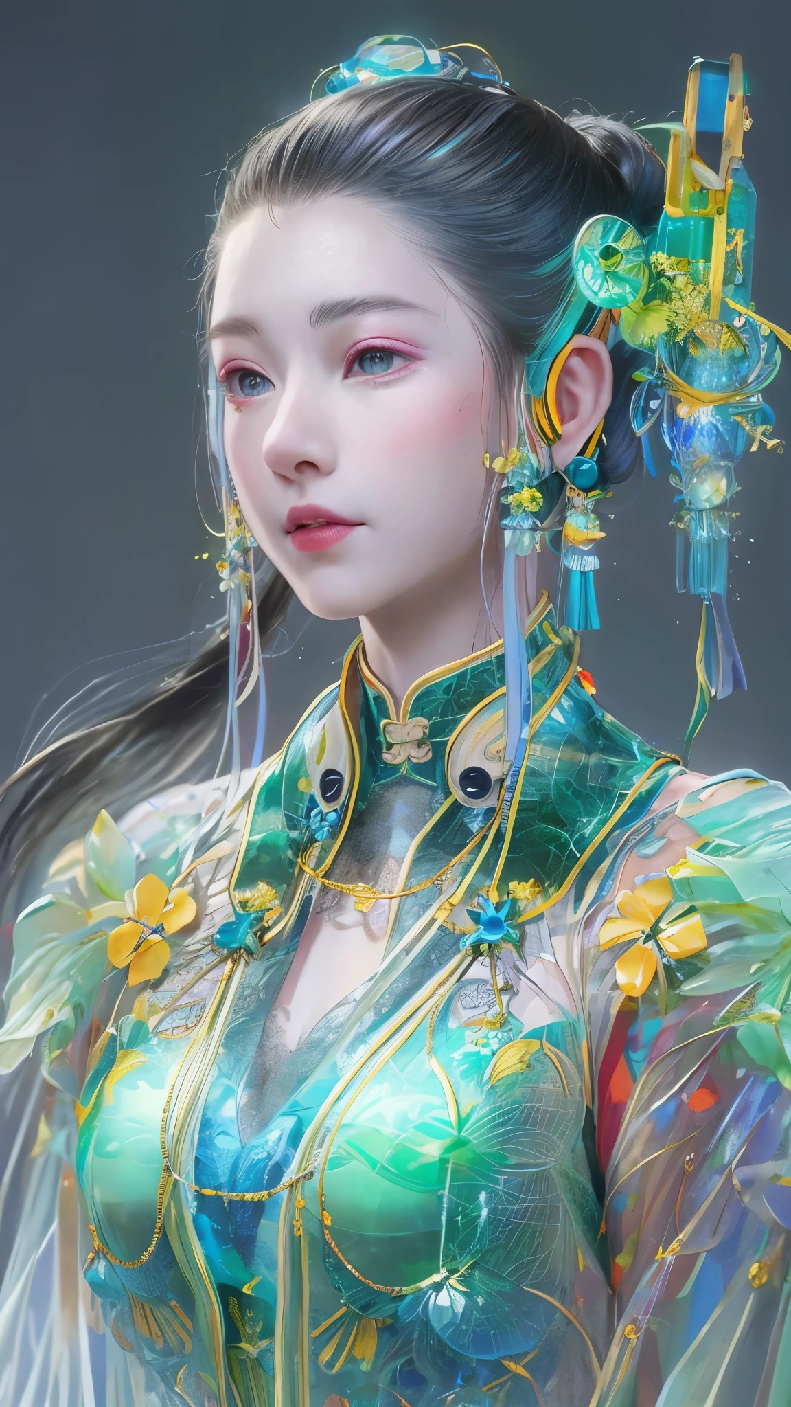 Tang suit，Chinese Hanfu，a image of a woman wearing colorful robot tech, in the style of free-flowing surrealism, shiny/glossy, precise and lifelike, hard surface modeling, precisionist lines, light silver and azure, engineering/construction and design，Luminous headphones, Luminous hair accessories, long hair, Luminous earrings, glow necklace, cyberpunk,transparent clothes，rainbow colors