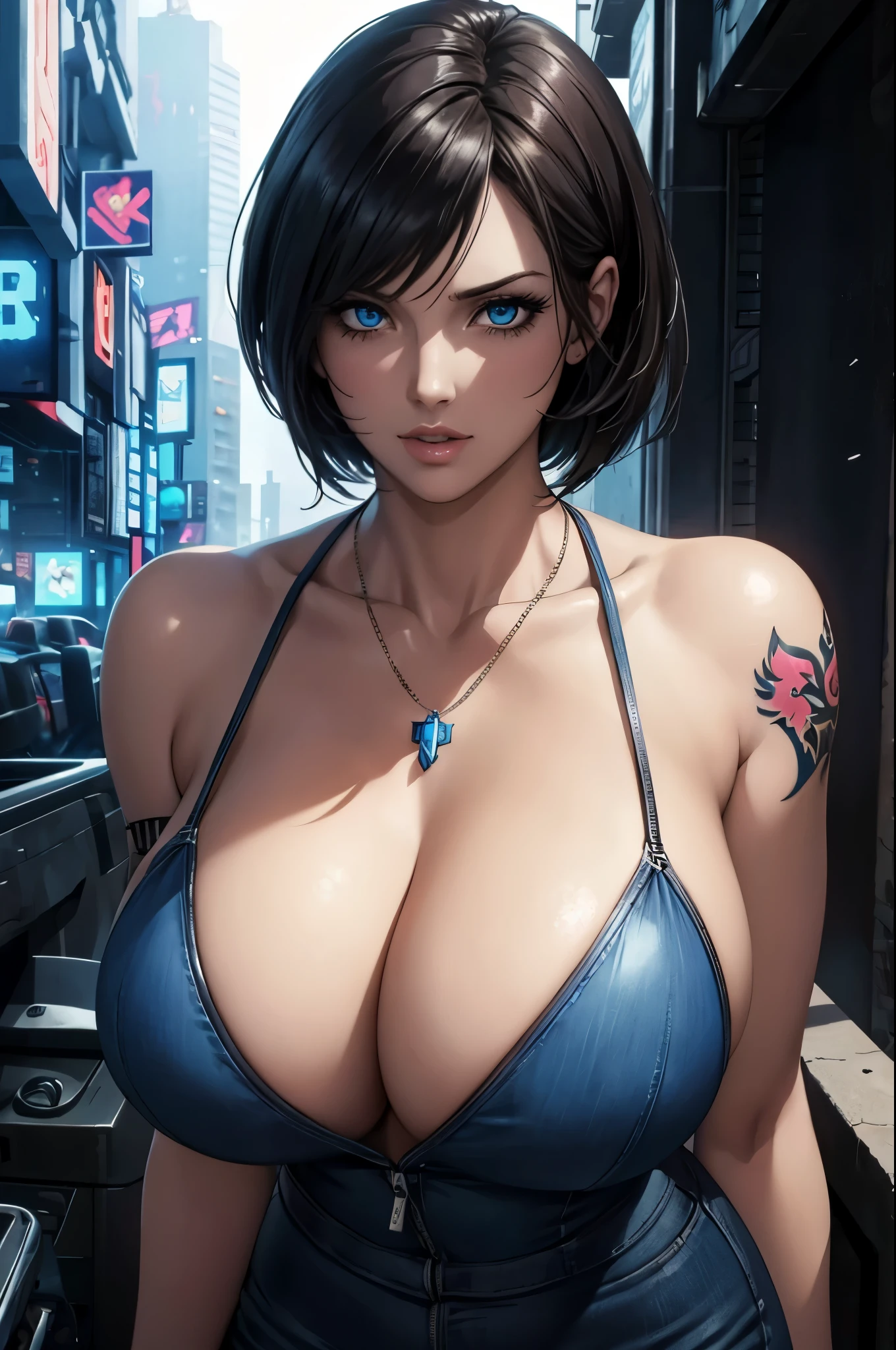 super fine illustration, ultra high resolution, masterpiece, highest quality, perfect shiny shinny skin, perfect lighting, detailed lighting, dramatic shadow, ray tracing, 1 beautiful milf, looking at the viewer, big breasts, exposed cleavage, beautiful detailed light blue eyes, sharp face, clear eyes, long bangs, short cut hair, ((cyberpunk dark city)), Upper body, denim mini skirt, necklace, Jill Valentine - Resident Evil Series, ((tattoo)), 