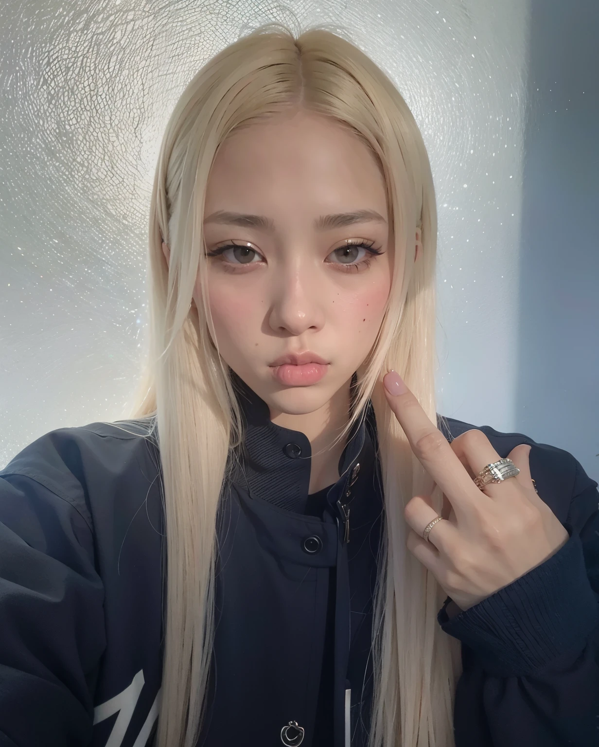 Mujer rubia con pelo largo y piercings haciendo un signo de paz., portrait of jossi de blackpink, su cabello es blanco, jossi de blackpink, kim taejin, con el pelo largo y blanco, parque roseanne de blackpink, jaeyeon nam, ulzzang, very very pale blonde hair, jinyoung shin, con pelo largo y blanco, peinado de corte hime blanco, el corte de hime