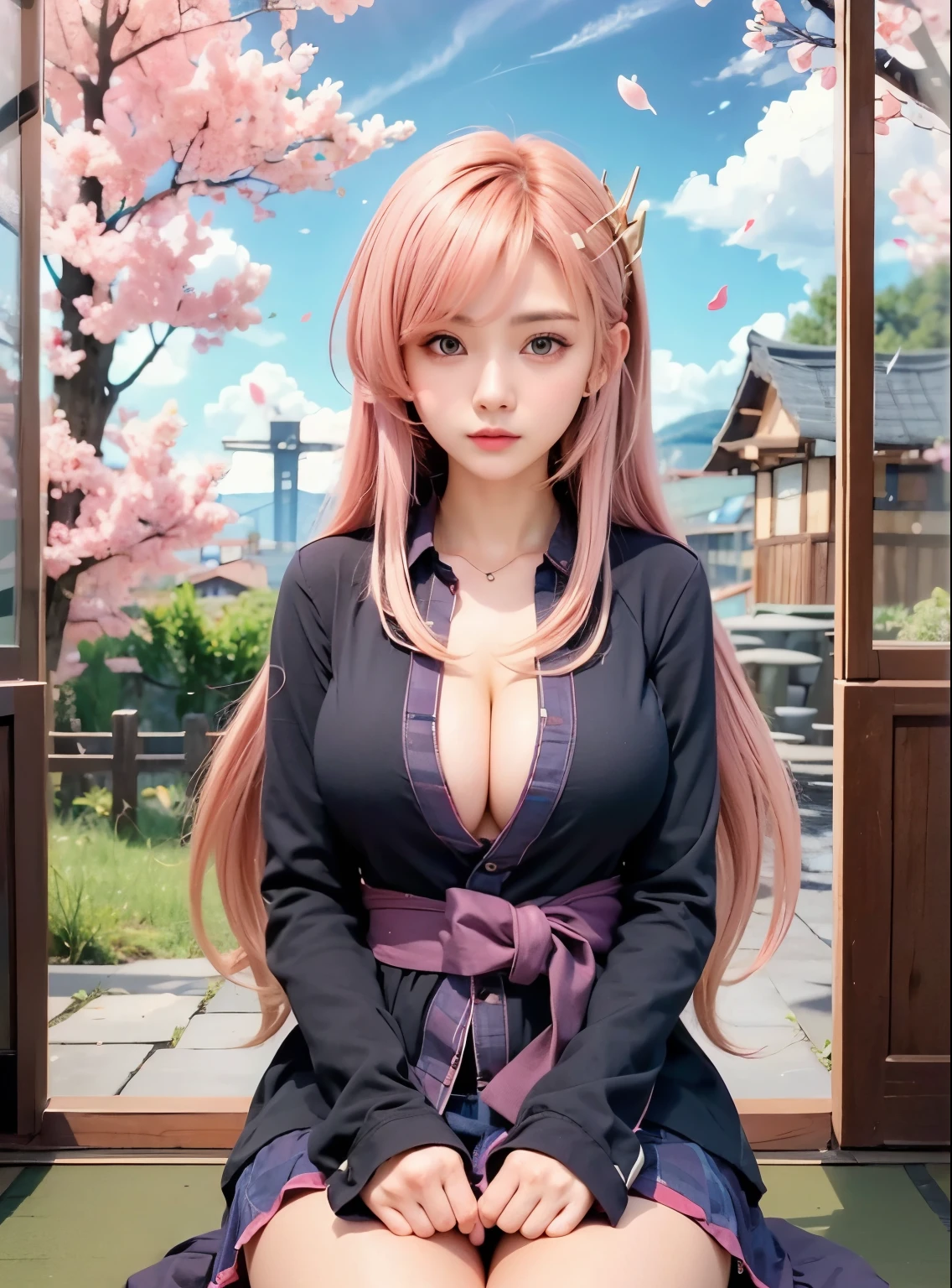 Masterpiece, pretty girl, busty slim firm body, gold hair clip, pink hair