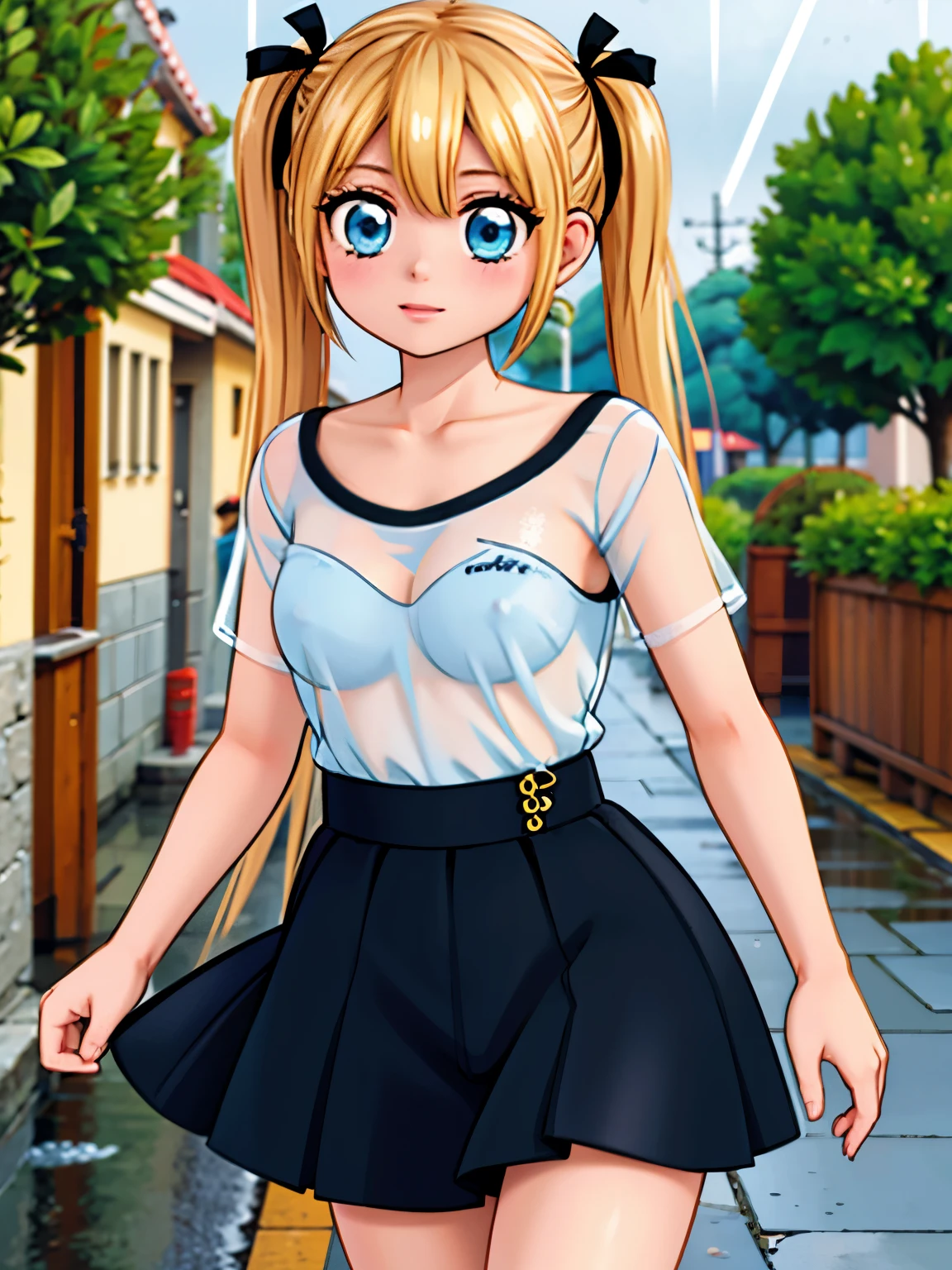(obra de arte:1.2), (melhor qualidade:1.2), Olhos perfeitos, rosto perfeito, perfect lighting, 1girls, areolae, black hair ornament, black ribbon, blonde female, blonde hair, blue eyes, breasts, clothed, clothing, female, female focus, female only, functionally nude, hair ribbon, long hair, nipples, no bra, outdoor nudity, outdoors, , rain, raining, ribbon, see-through, see-through clothing, shirt, short sleeves, small breasts, solo, solo female, t-shirt, tied hair, transparent clothing, twintails, wet clothes