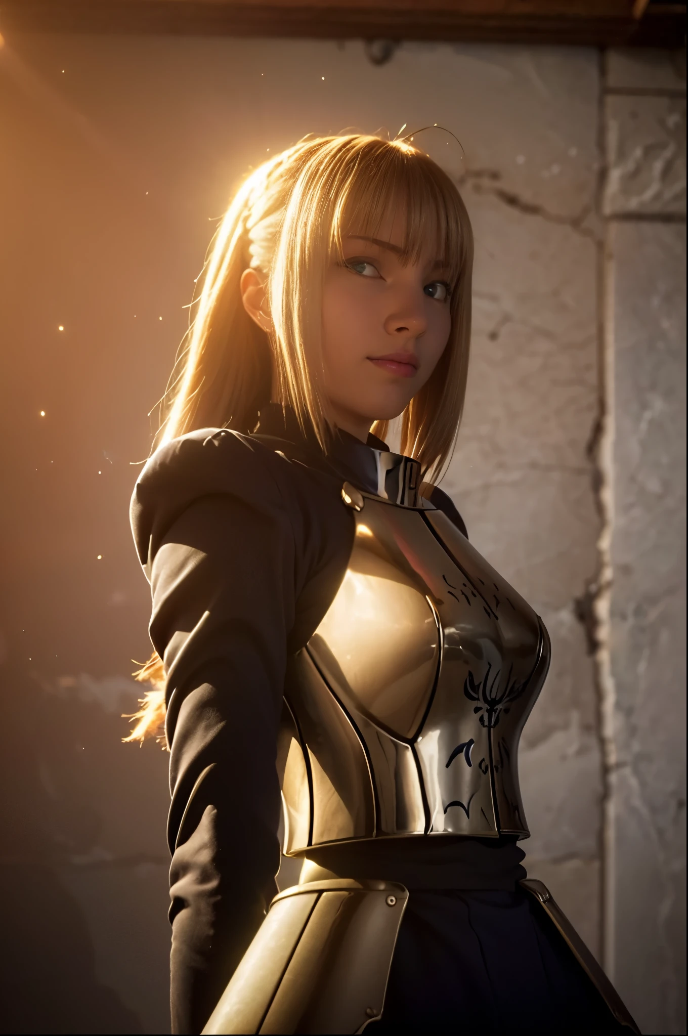  1girl,(((17 years old))),(a blond), (braided single hair bun)), (huge breast:1.5), (smile:0.8), (((armor))), ((beautiful anime eyes with fine detail)), ((indigo blue ribbon)), realistic skin, (intricate details), ((lighting forward)), depth field, ((ultra high resolution, high res)), {highres}, {{very fine 8KCG wallpapers}}, {{very precise detailed}}, ((((masterpiece)))),background old castle, ((grasp a excalibur)), ((golden sword))