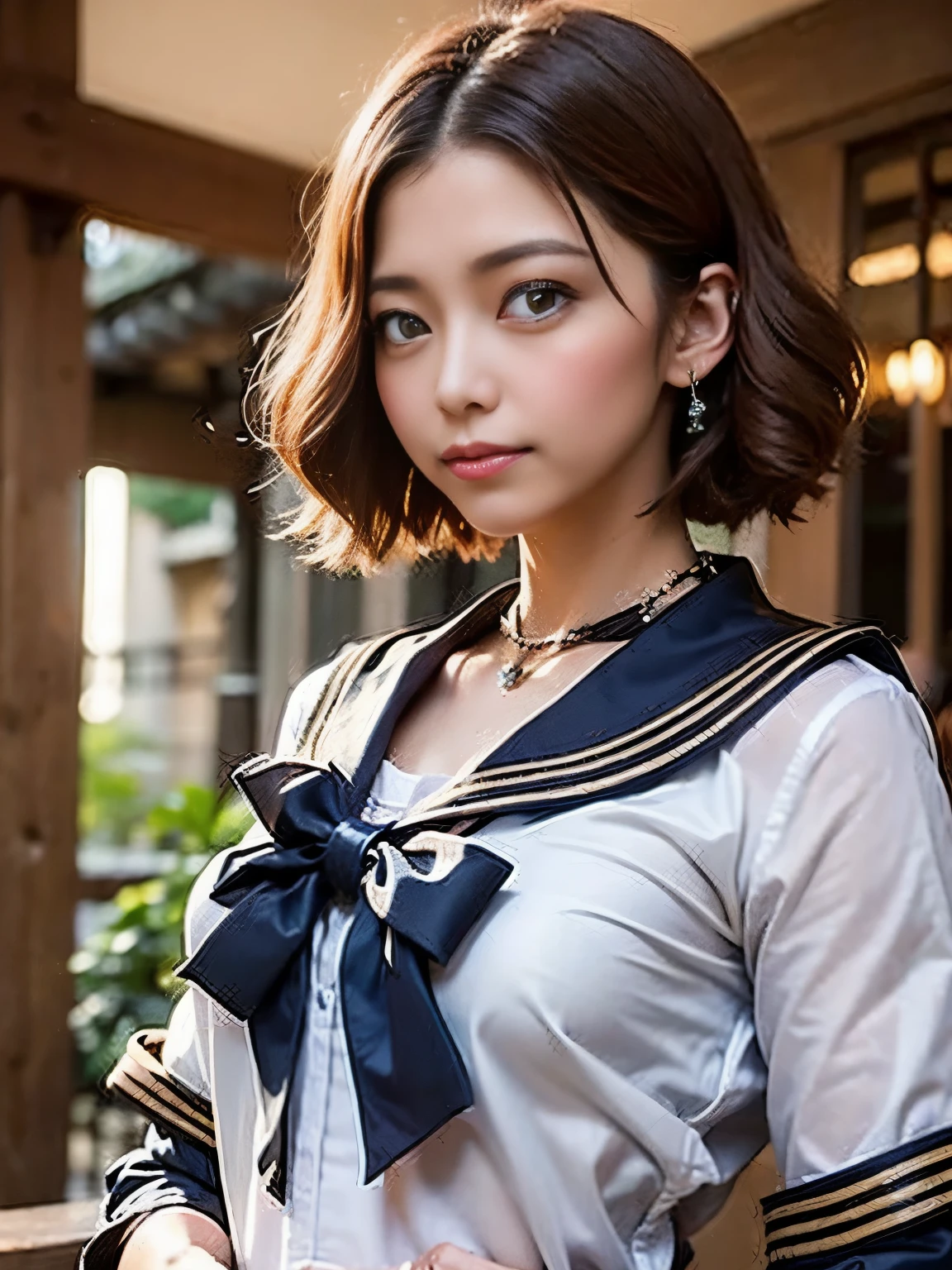 anime style, lively, studio anime, very detailed, 1 girl, (sailor warrior uniform), redhead, medium hair, bob cut, big hair, humid, mature woman, sensual 
