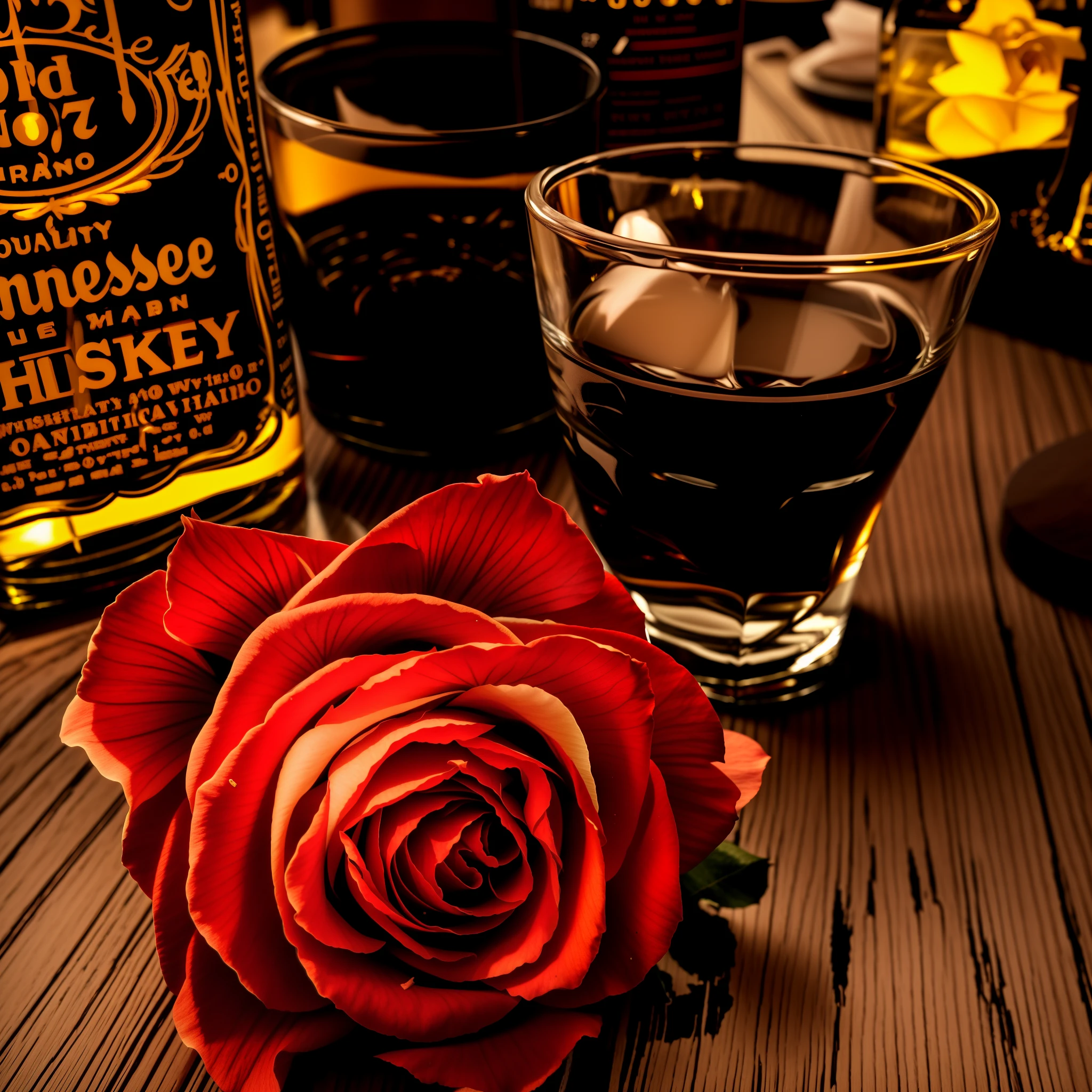 there is a white rose sitting next to a bottle of whiskey, whiskey, inspired by William Harnett, white neon roses, saturday night in a saloon, shot on nikon z9, red mood in background, drinking whiskey, red and cinematic lighting, shot from far away, white rose, shot with a canon 20mm lens, detailed red lighting