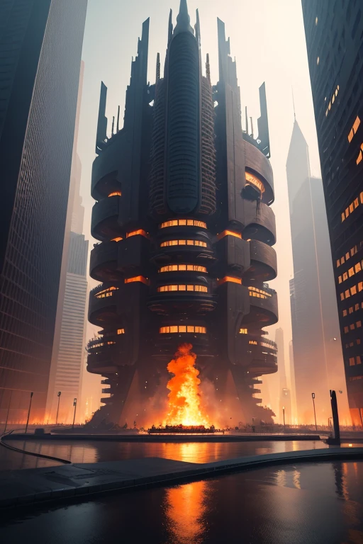 A complex fire structure in a futuristic city