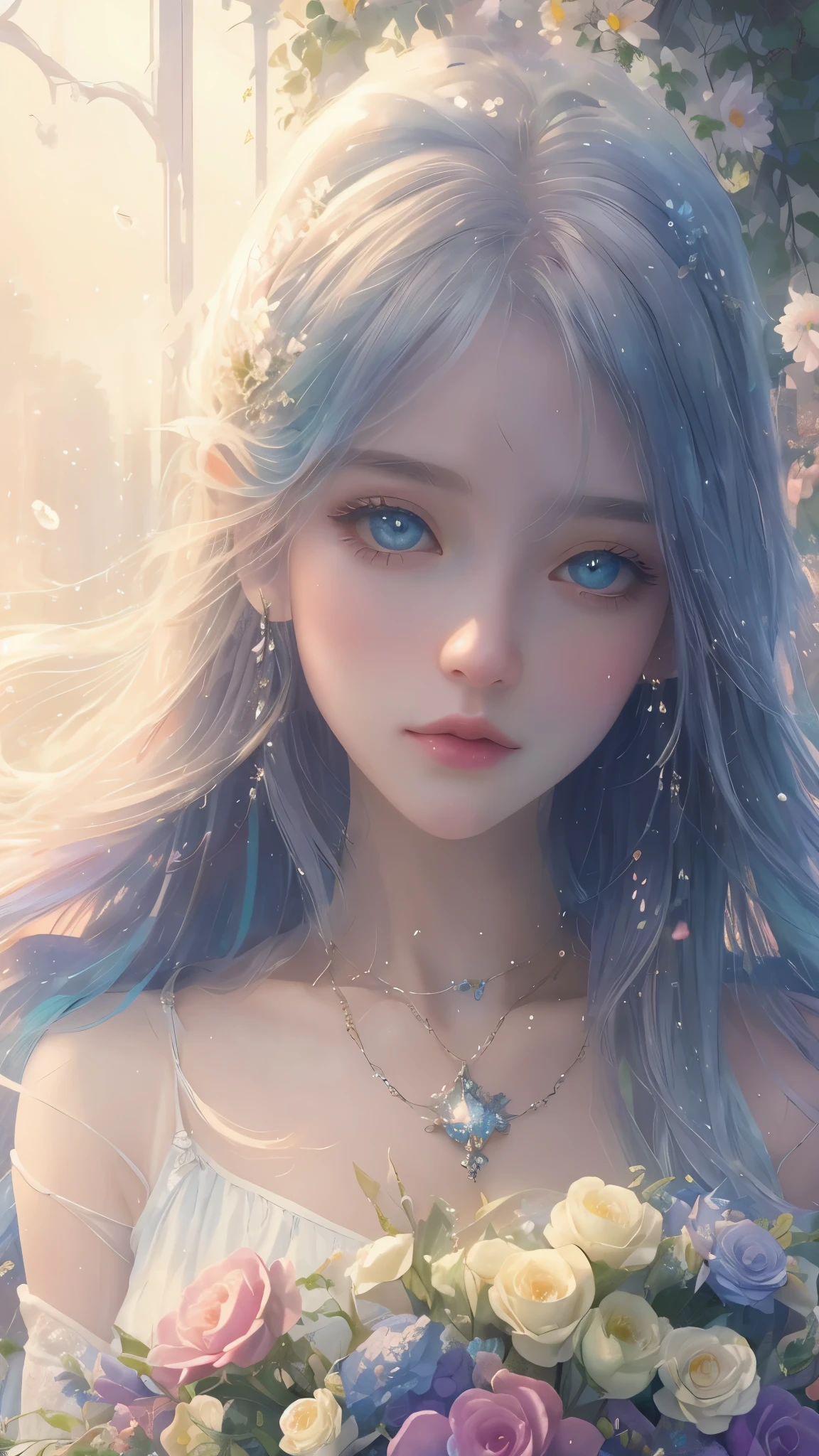 (high quality, 8k), (soft light), Rainbow-colored, one girl, detailed face, fine eyes, watercolor paiting,  so magical and dreamy, dreamy and detailed, dreamy atmosphereとドラマ, gorgeous atmosphere, fantastic beautiful lighting, dreamy atmosphere, beautiful atmosphere, dreamy romantic, fantastic dreamy theme, magical atmosphere, beautiful atmosphere, anime background art, magical atmosphere + table top, dreamy aesthetics, Beautiful details with atmosphere, lots of flowers, bubble, water, flower garden