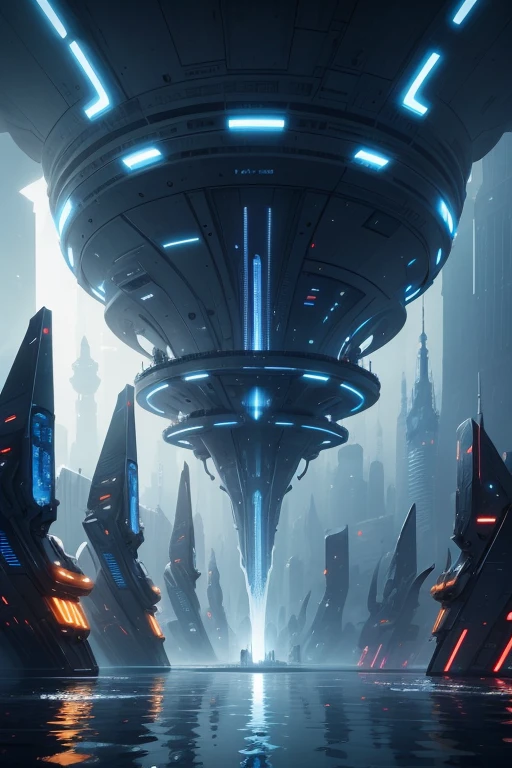 A complex water structure in a futuristic city