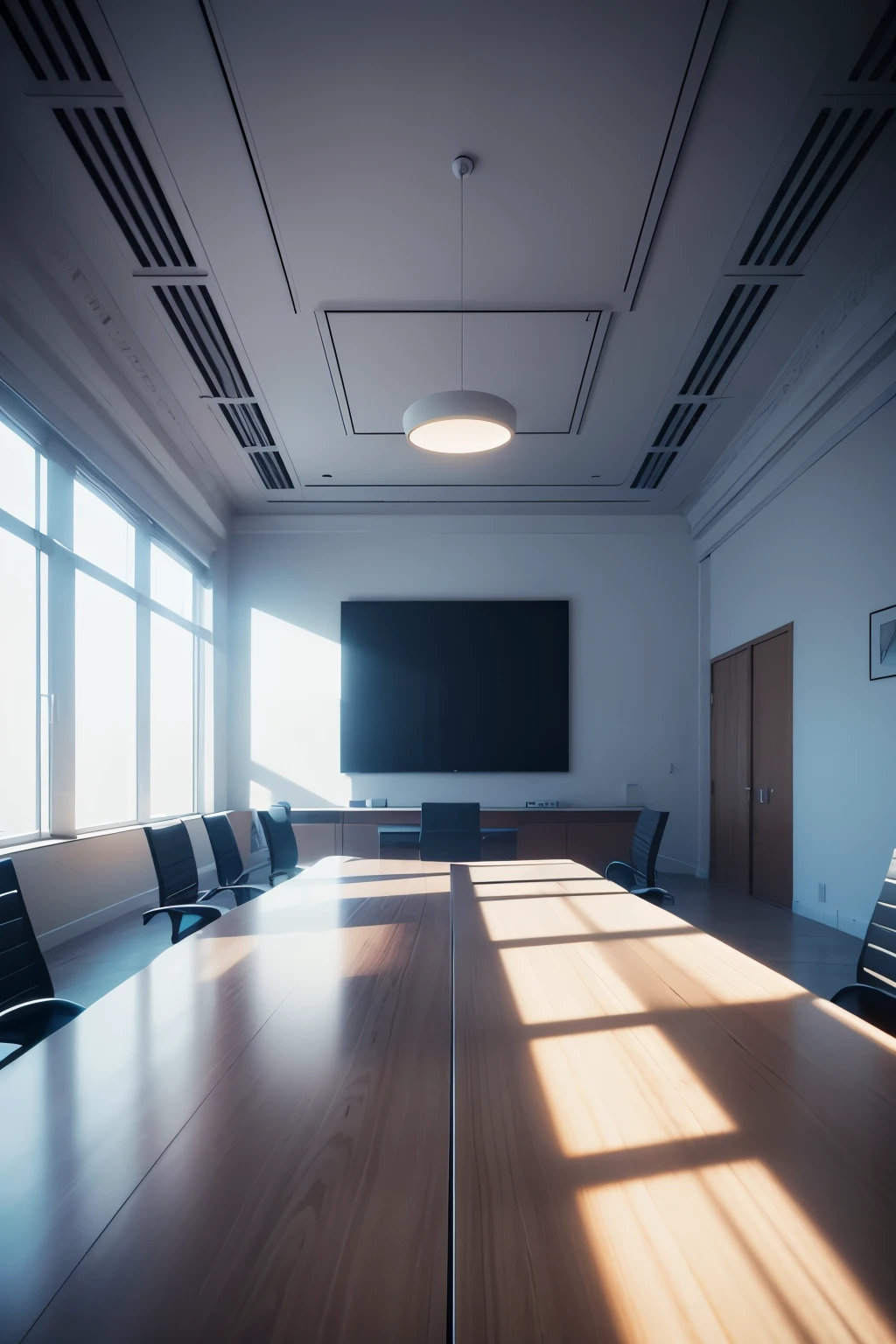 A large empty meeting room with a blown rectangular table, the room lit by a single chandelier, persian carpet, dark setting Architectural Digest's photo is of a modern style conference room, open oversized TV screen, (with plants inside: 0.1), white wainscoting, solid wood furniture, top LED light film, surrealist surrealism, award-winning masterpiece, incredible detail, epic stunning, wide shot, vanishing point, 8K Intorior design and architecture Modern hospital conference room with panoramic the rooms And and the secretary's room view ,and laptops modern conference room in hospital Below Ground Floor , mesas e cadeiras pretas, paredes brancas, LED lighting, piso em marmore , black and white and gray , Magnetic light on the ceiling , 4K , high quality , vray , 3Ds max , high quality